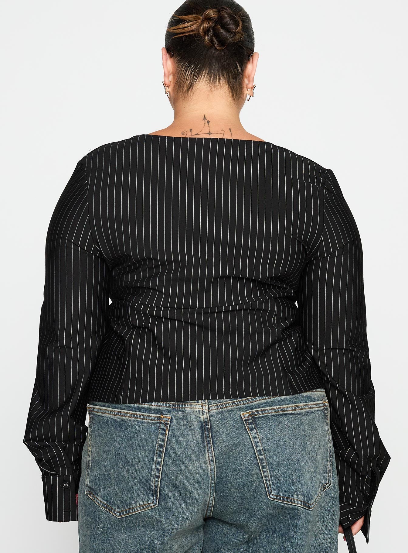 Set For Life Foldover Detail Long Sleeve Top Black / White Pinstripe Curve