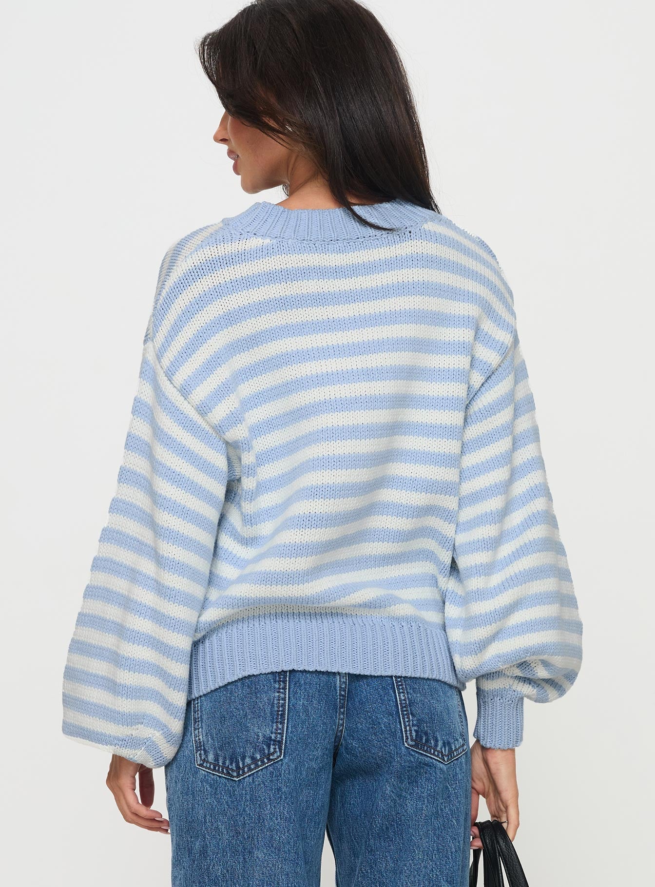 Harmony Balloon Sleeve Knit Sweater Blue / White Stripe
