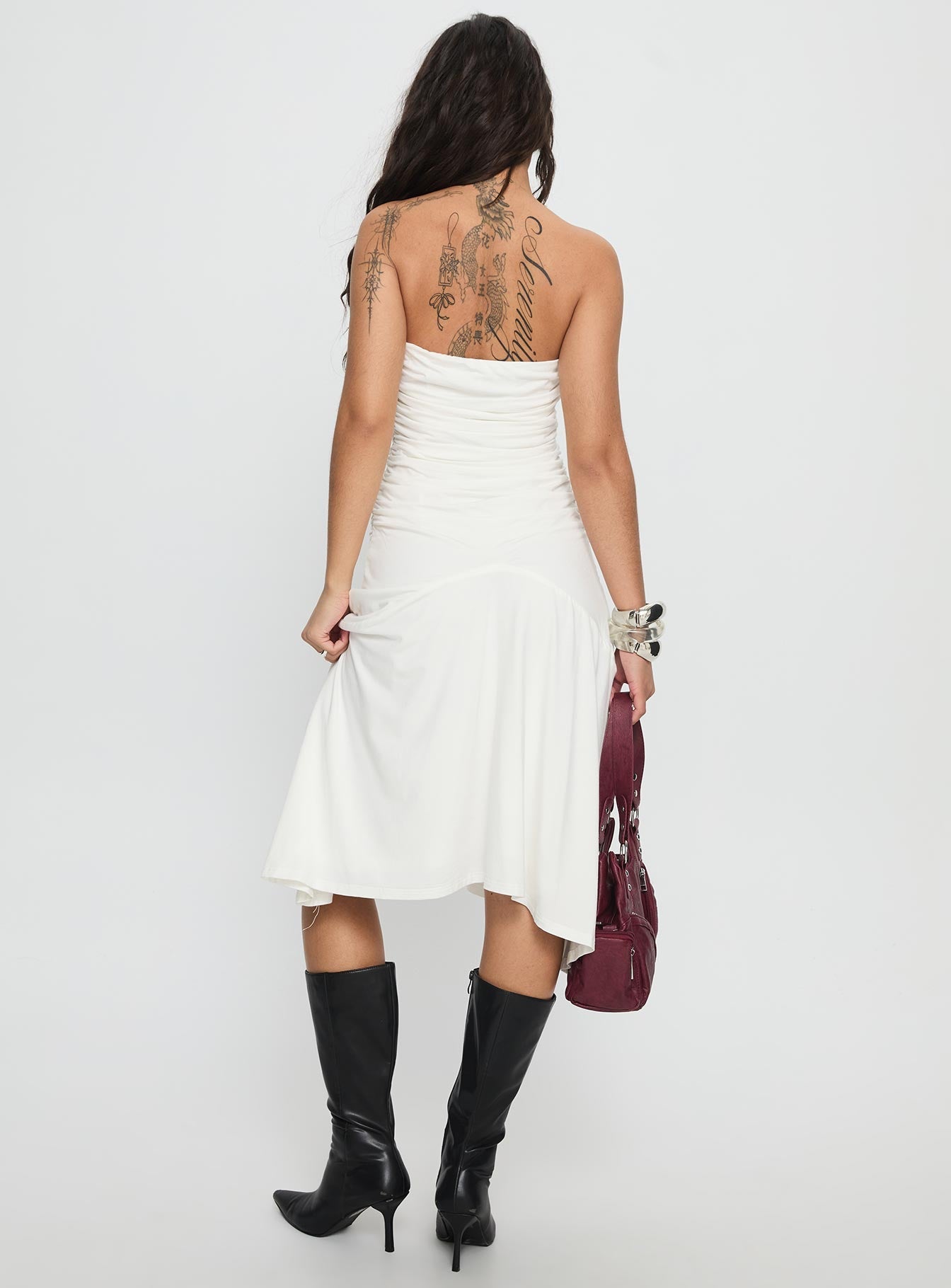 Rienna Strapless Asymmetrical Midi Dress White