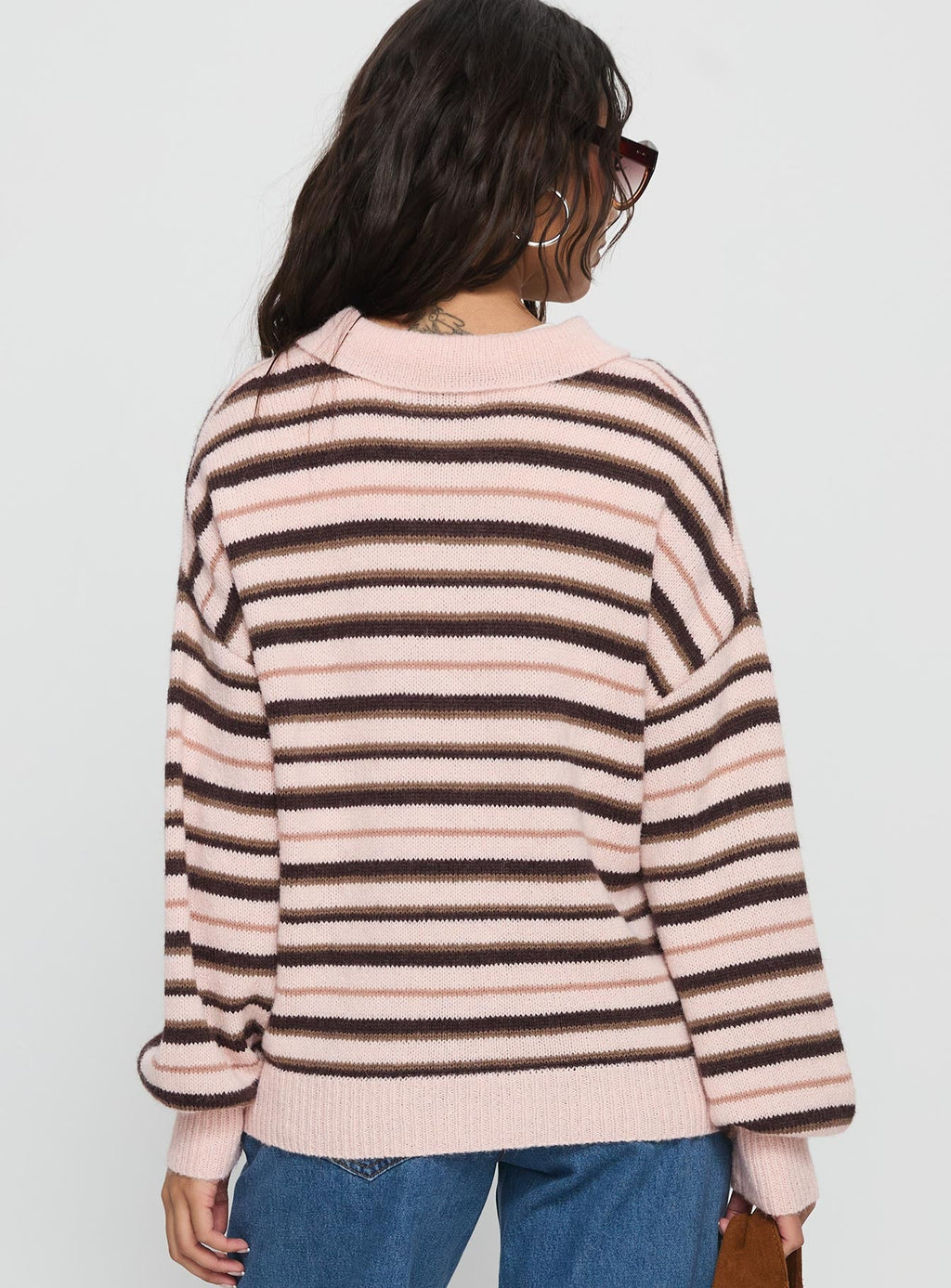 Jeanny Collared Knit Sweater Brown / Pink Stripe