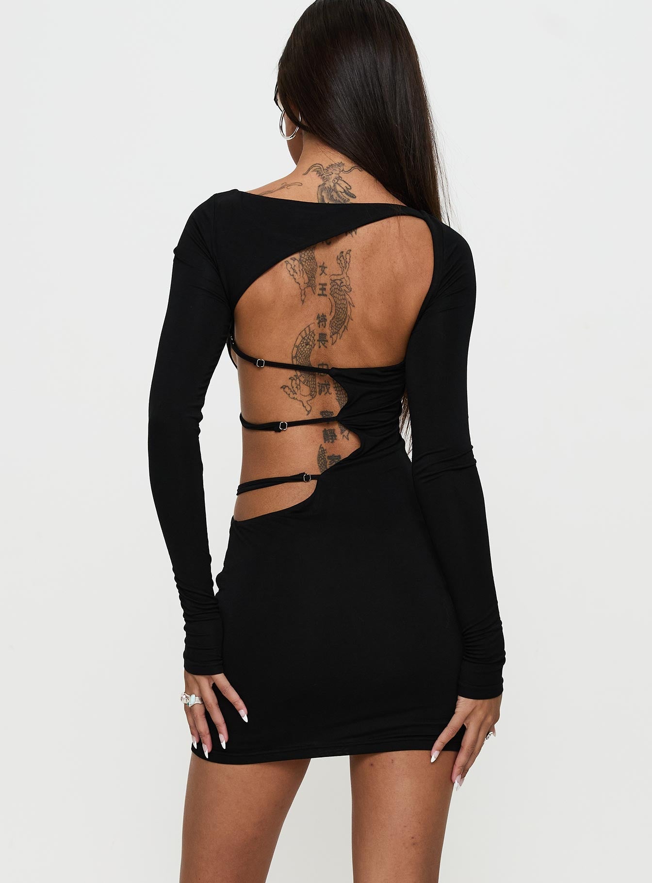 Rowin Long Sleeve Cut Out Mini Dress Black