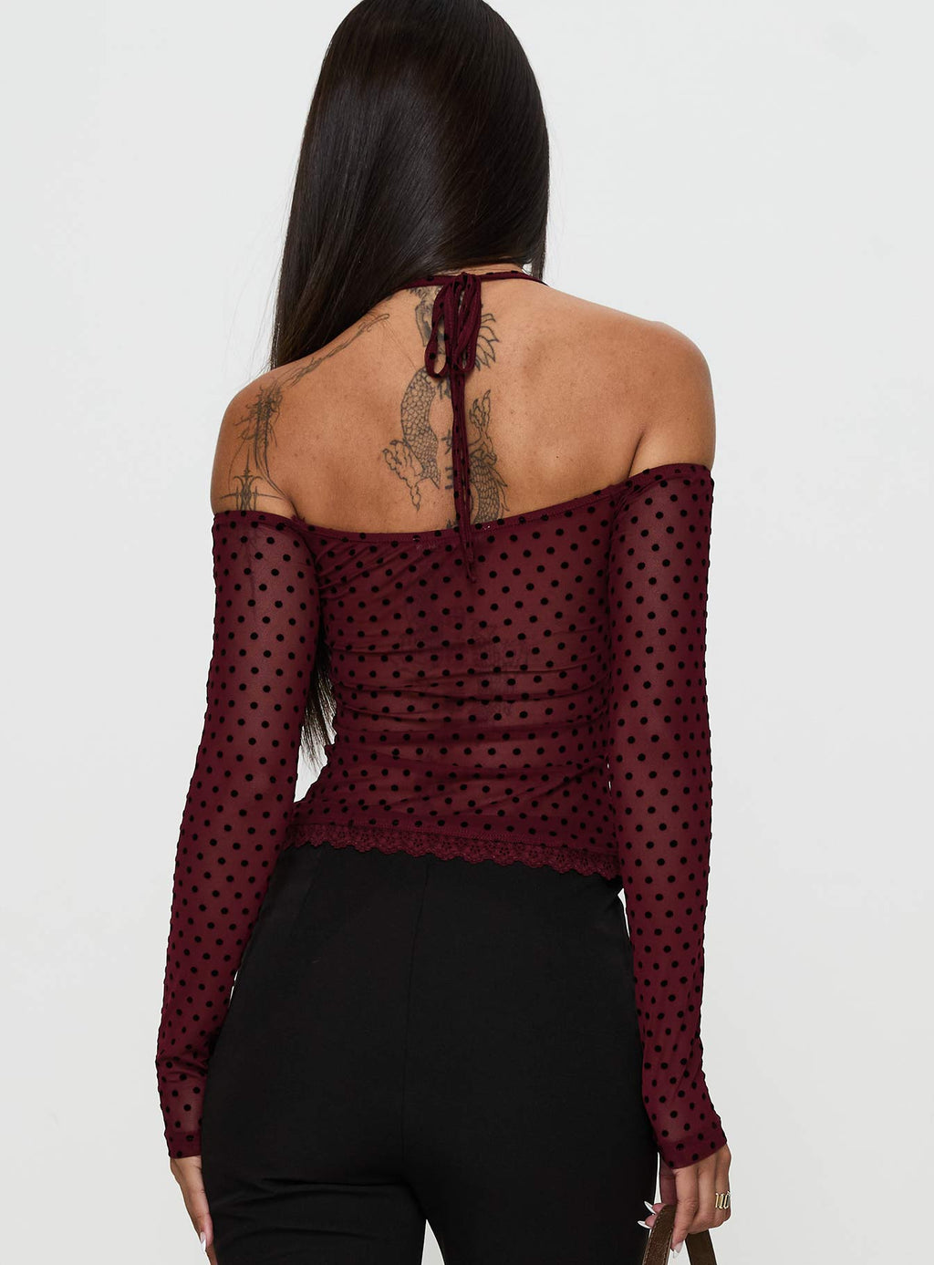On My Side Off Shoulder Tie Neck Top Burgundy