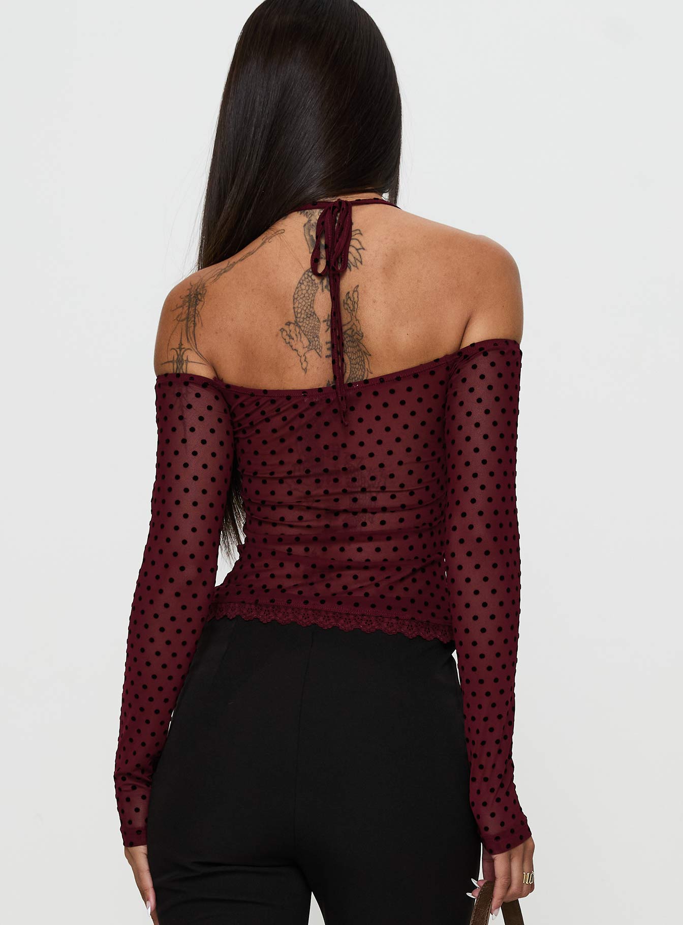 On My Side Off Shoulder Tie Neck Top Burgundy