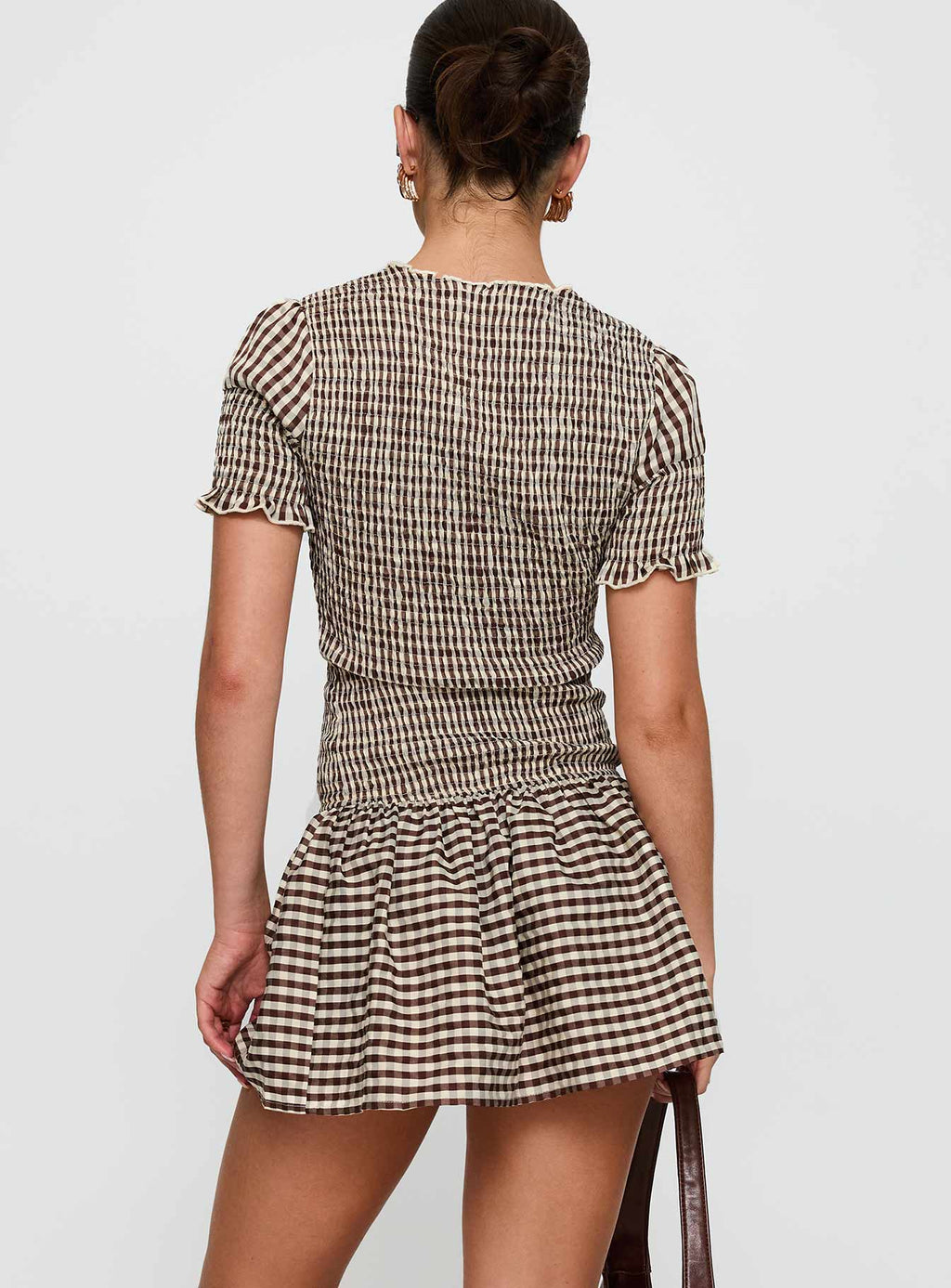 Laurita Shirred Mini Dress Brown Check
