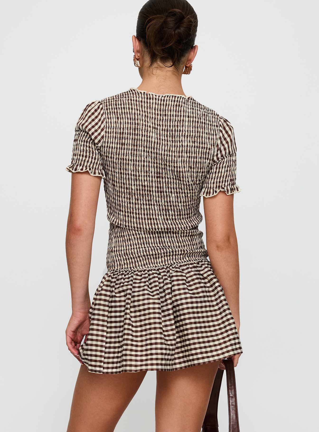 Laurita Shirred Mini Dress Brown Check
