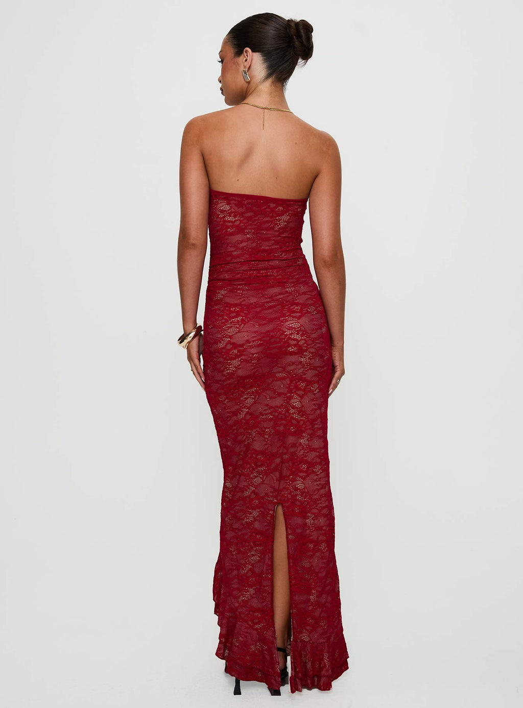 Hailees Lace Strapless Maxi Dress Red
