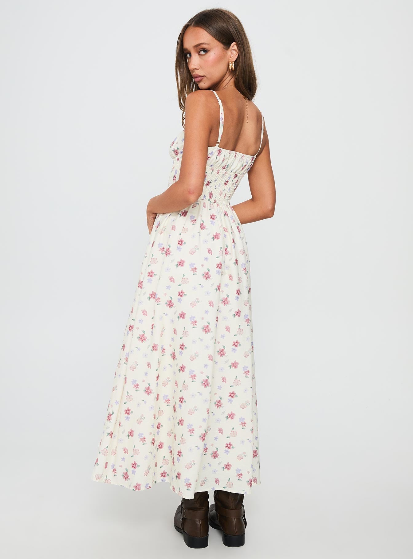 Pearle Shirred Maxi Dress White Floral