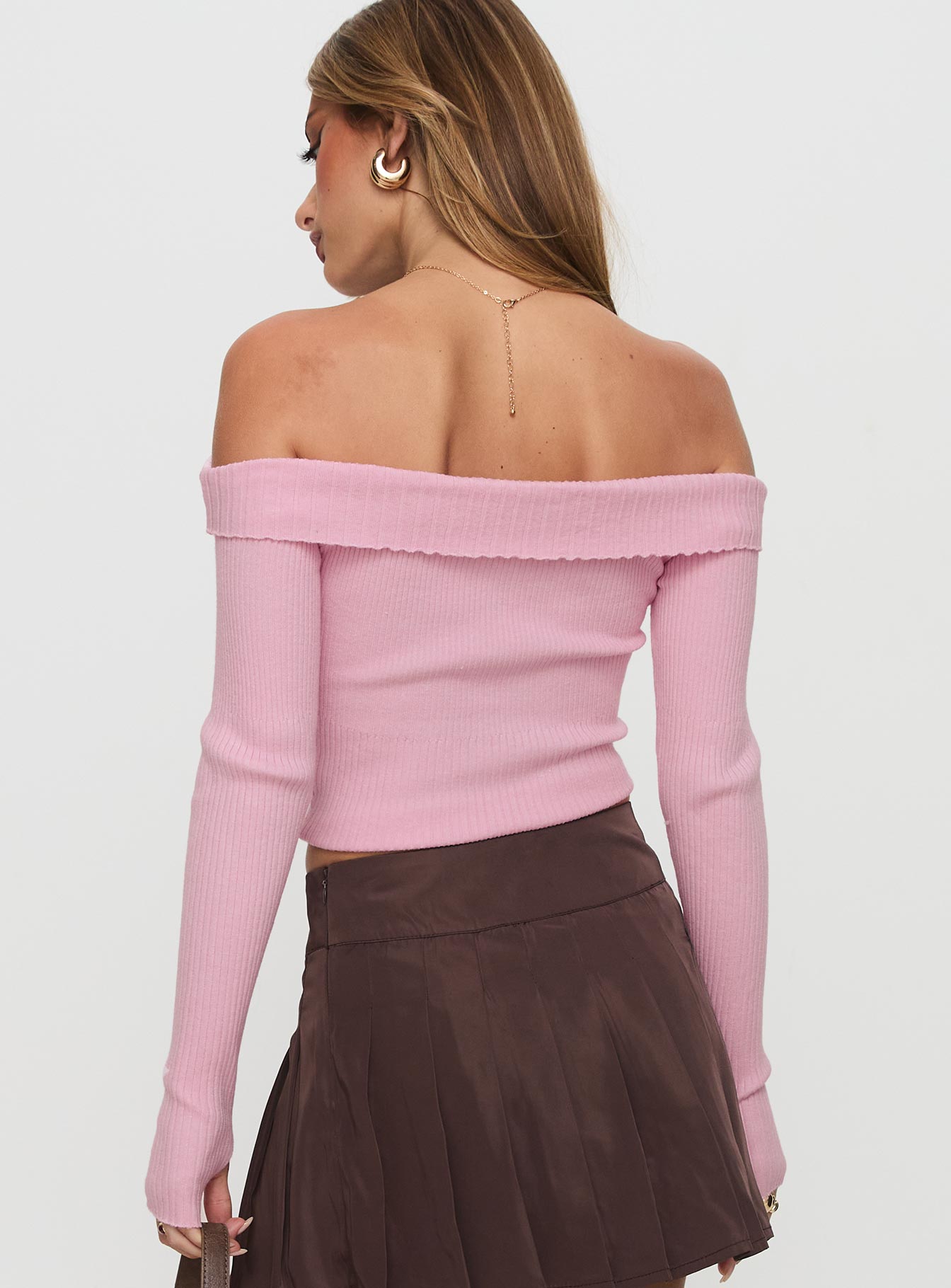 Nighttime Off Shoulder Knit Top Pink