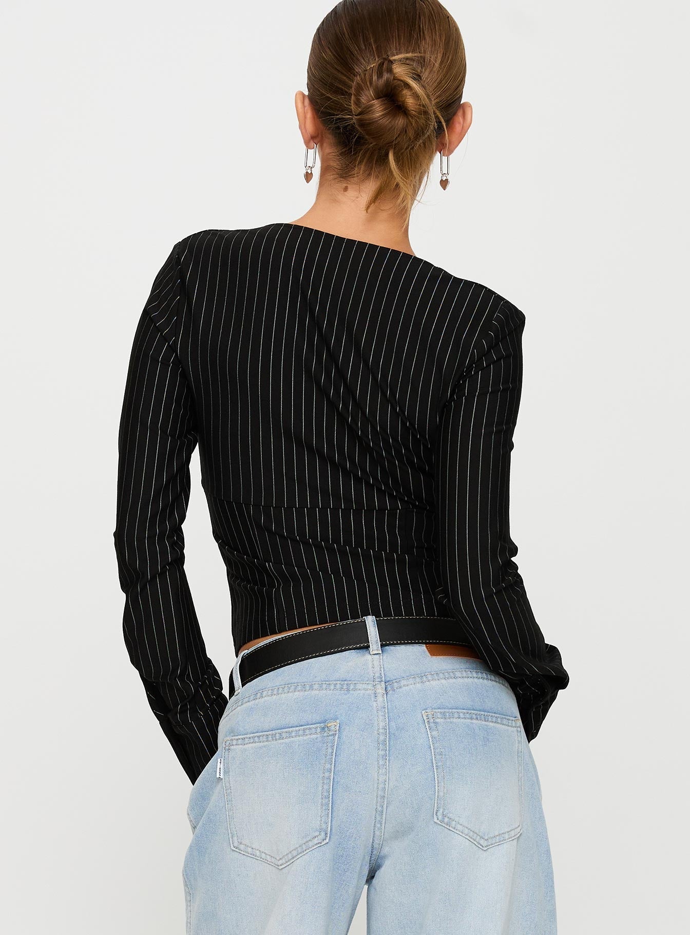 Set For Life Foldover Detail Long Sleeve Top Black / White Pinstripe