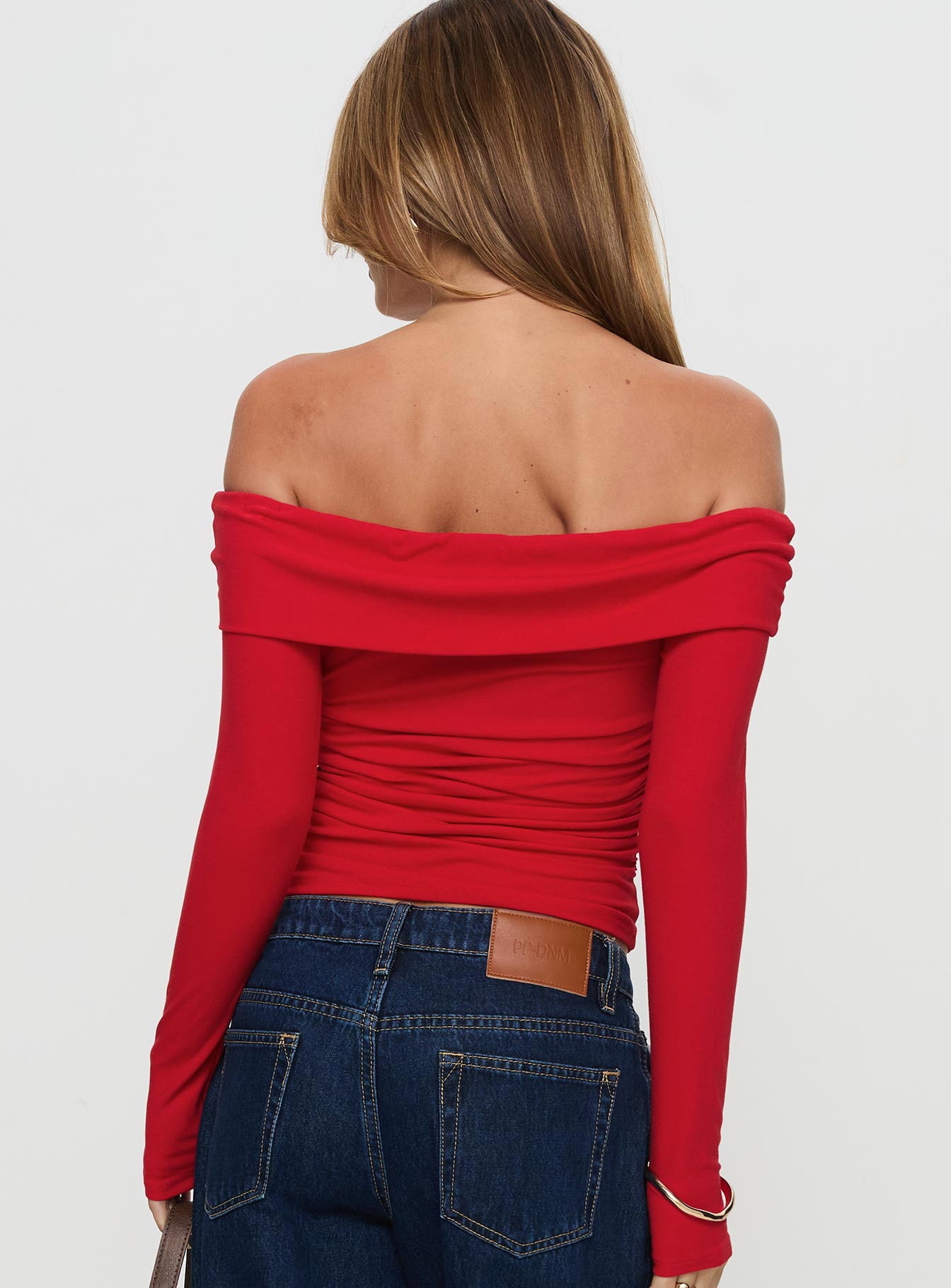 Sonnett Off Shoulder Twist Long Sleeve Top Red