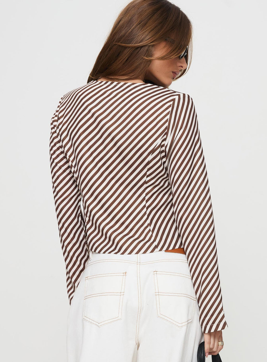 Maxette Long Sleeve Tie Top Brown Stripe