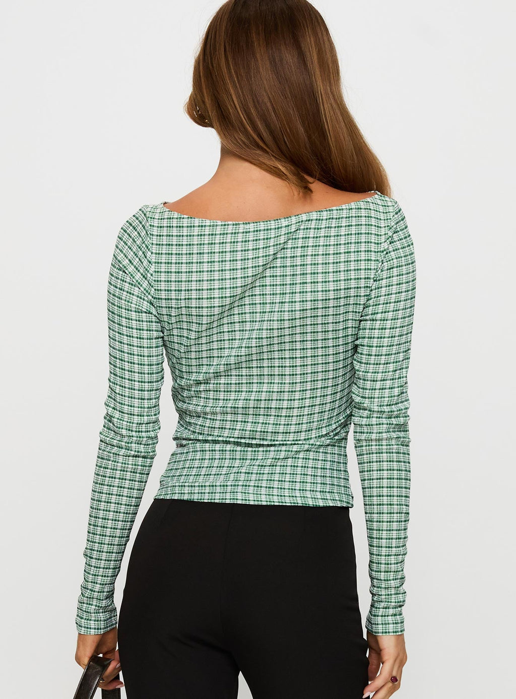 Every Second Boat Neck Long Sleeve Top Green Check