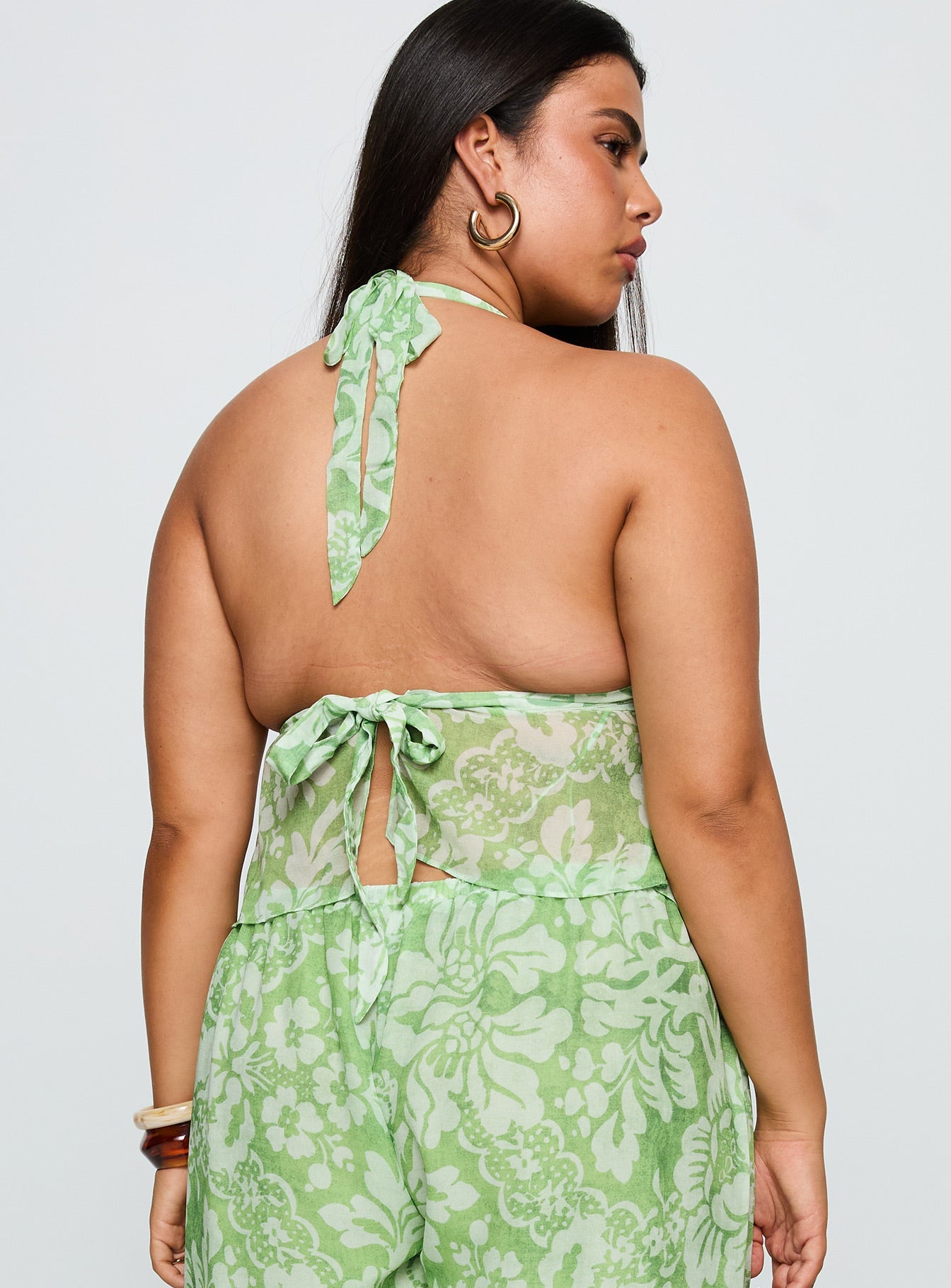 Finesse Halter Top Green Floral Curve