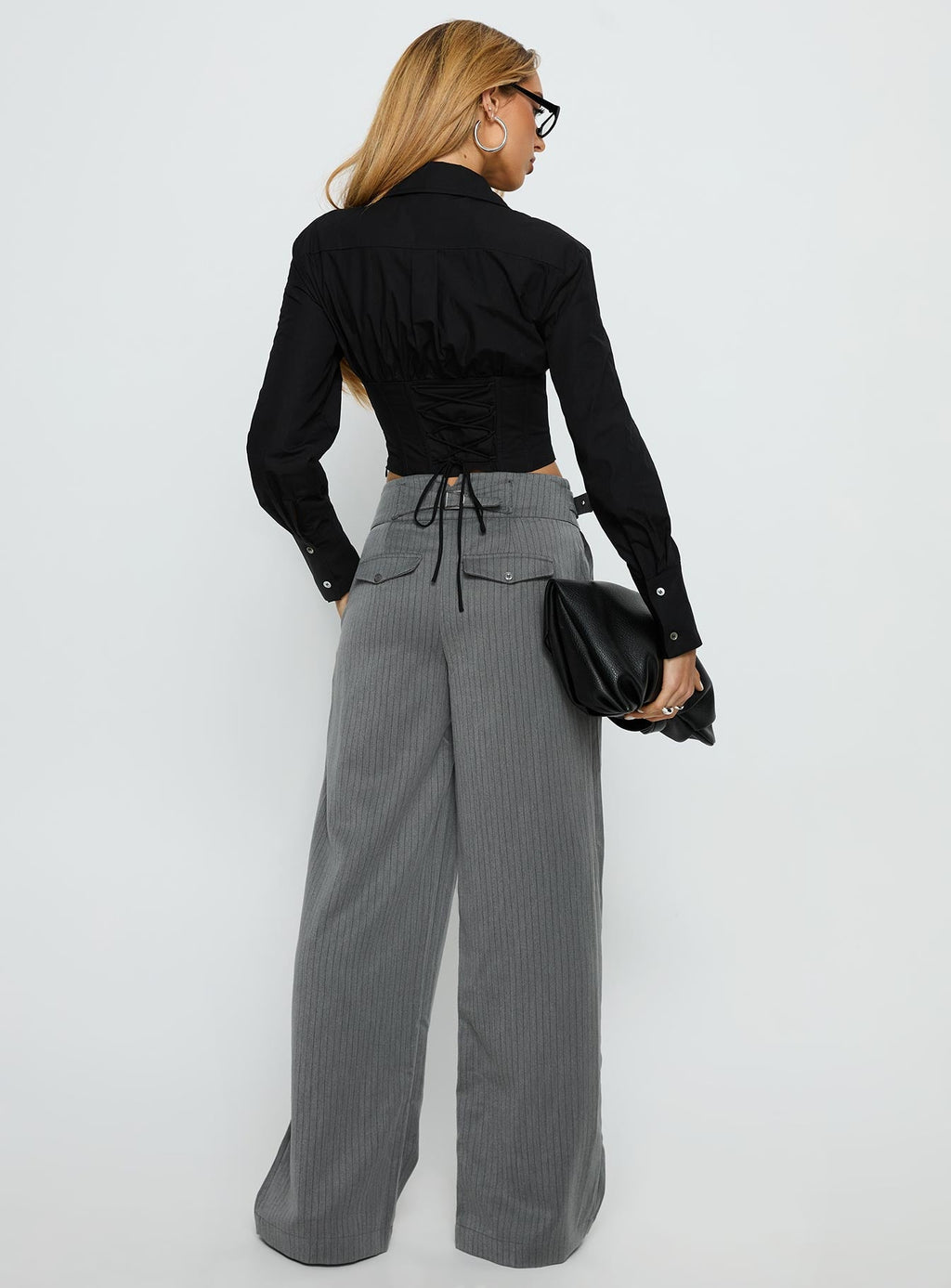 Jinny Relaxed Buckle Tailored Pants Grey Pinstripe