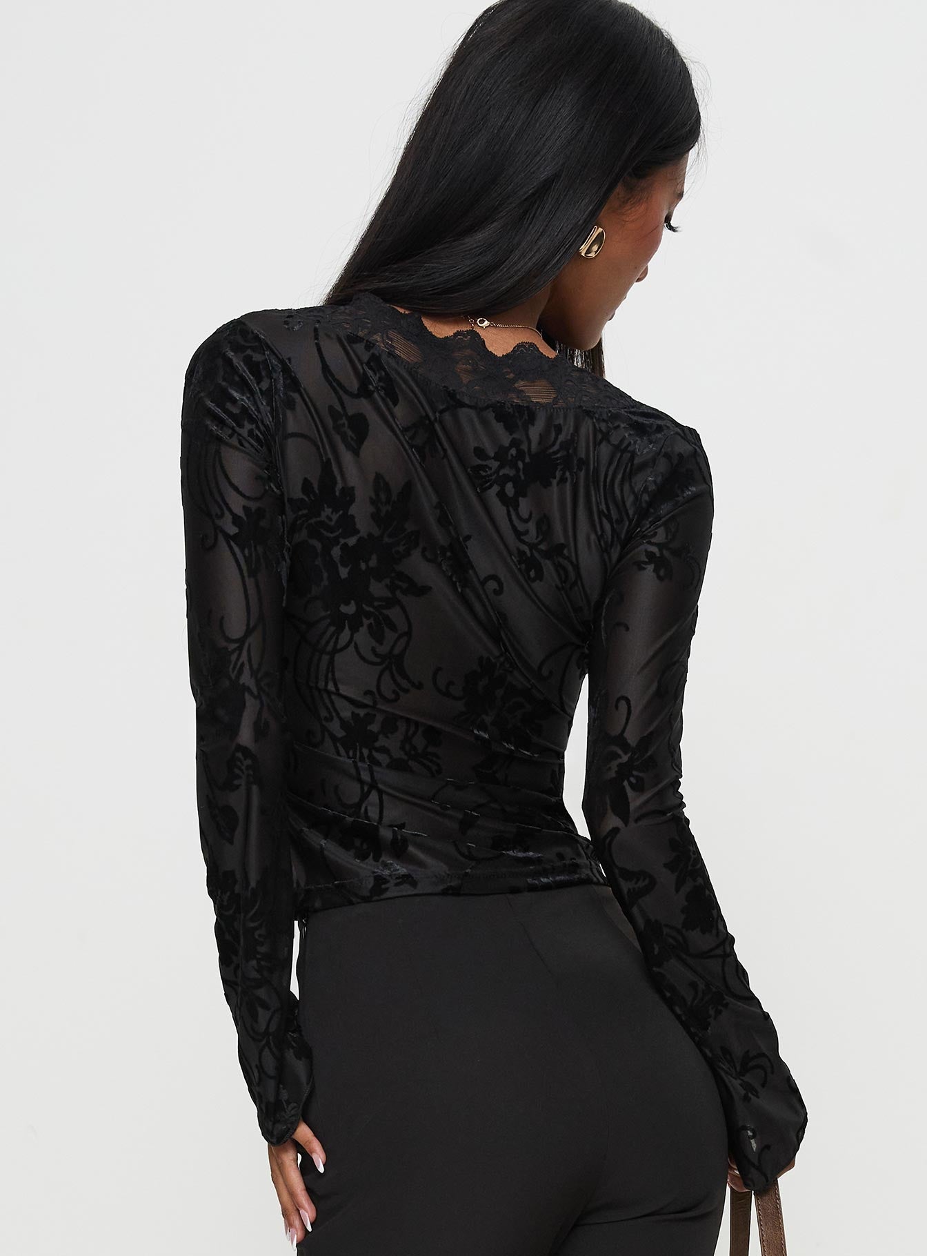 Find An Angel Long Sleeve Lace Trim Top Black