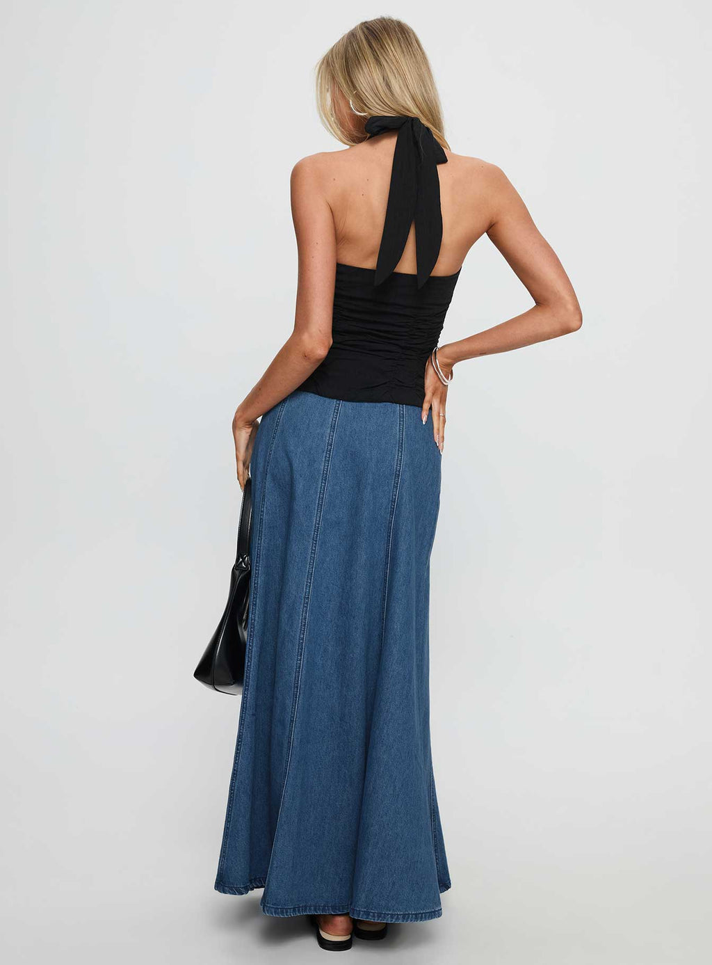 Charleigh Soft Pleat Denim Maxi Skirt Mid Blue Wash