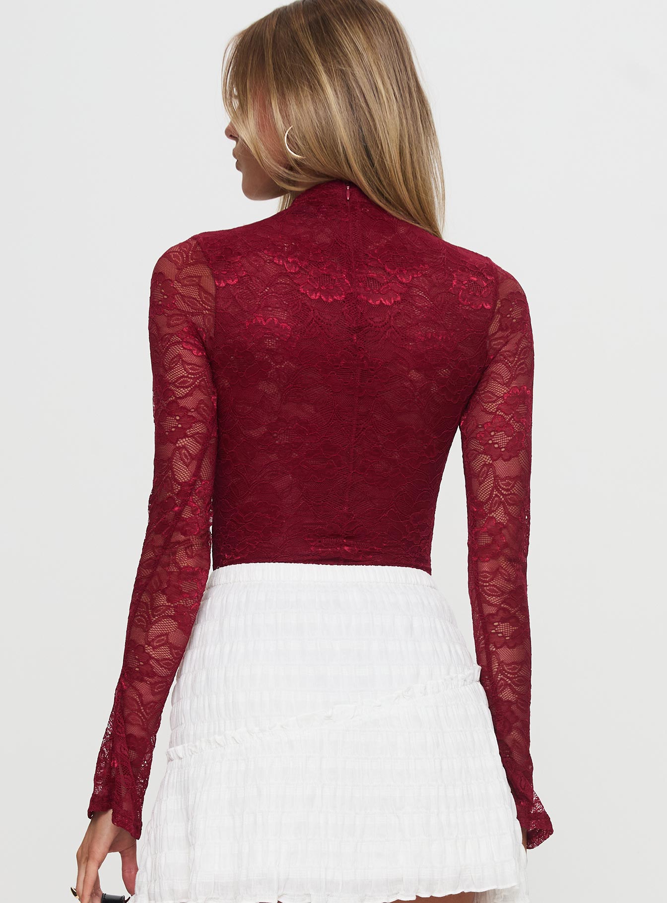 Twisted Humour Long Sleeve Lace Bodysuit Burgundy