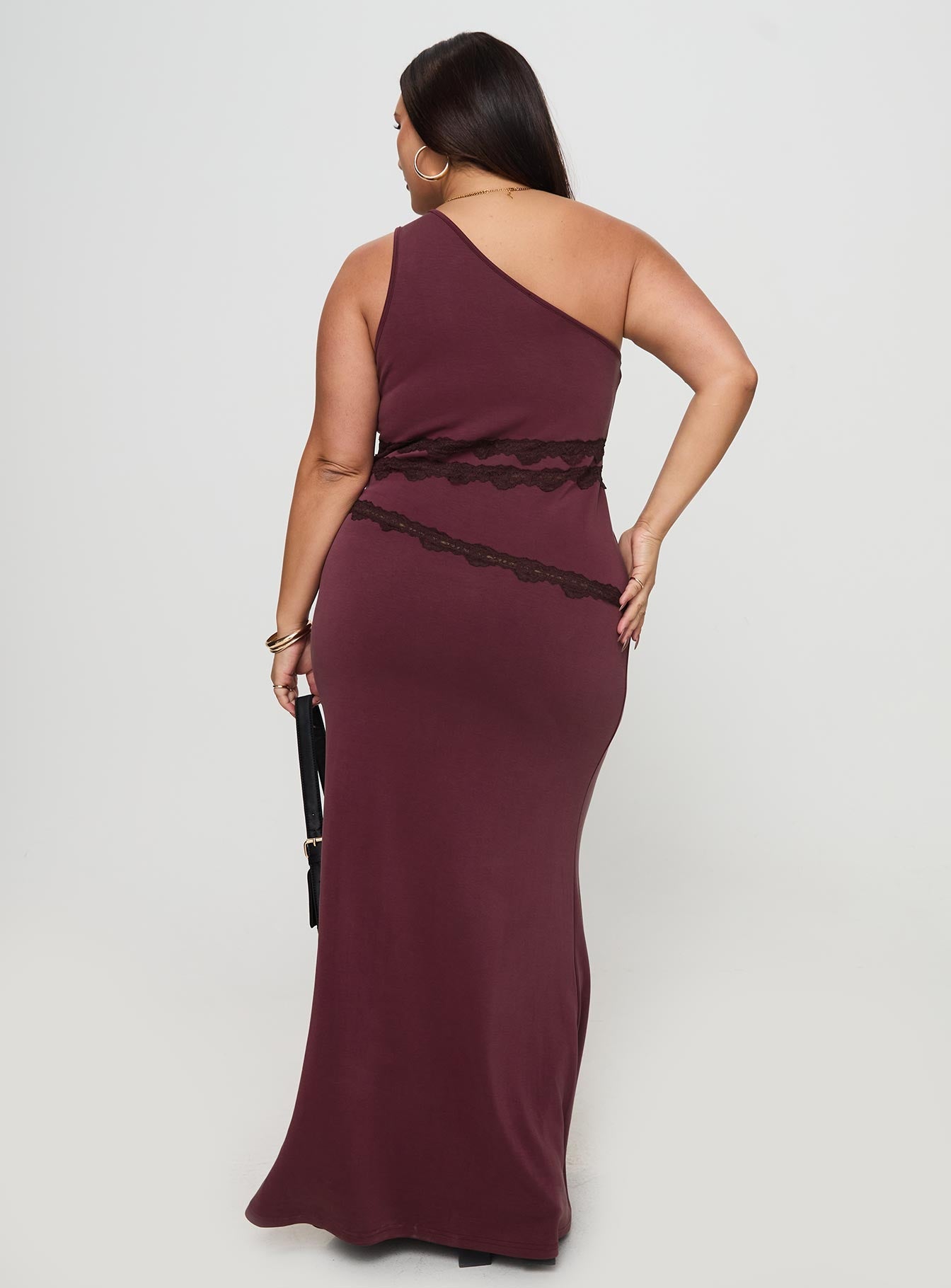 Ultraviolet One Shoulder Lace Maxi Dress Wine Curve