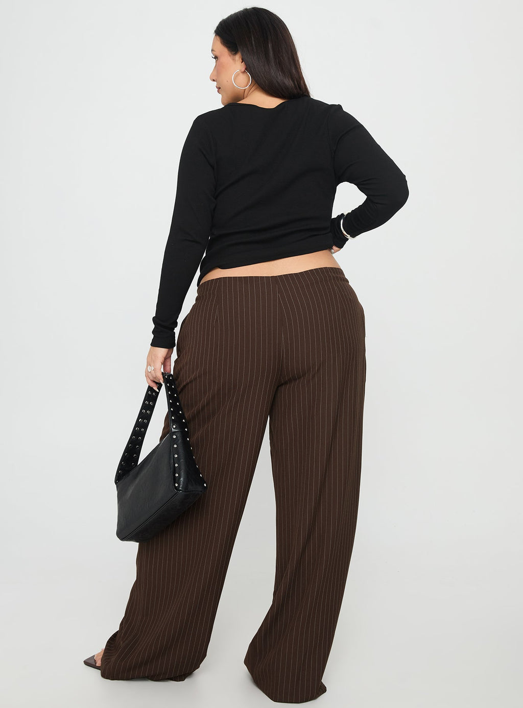 Khane Low Rise Wide Leg Pant Brown Pinstripe Curve