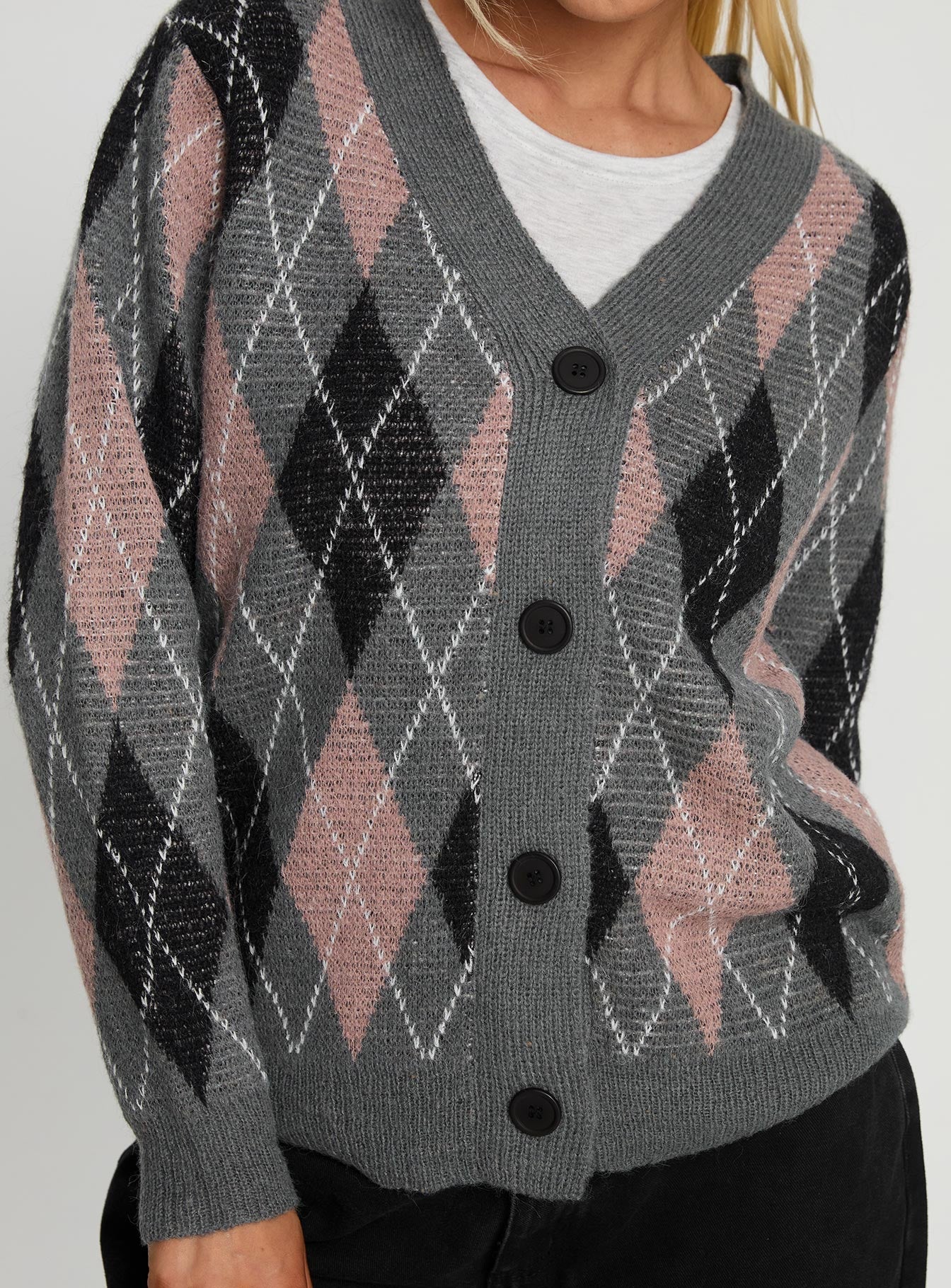 Zeeva Button Through Knit Cardigan Grey Argyle