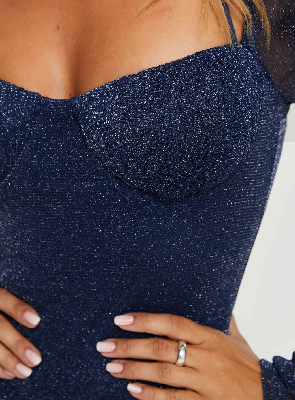 Ryssa Sheer Sleeve Mini Dress Navy Glitter