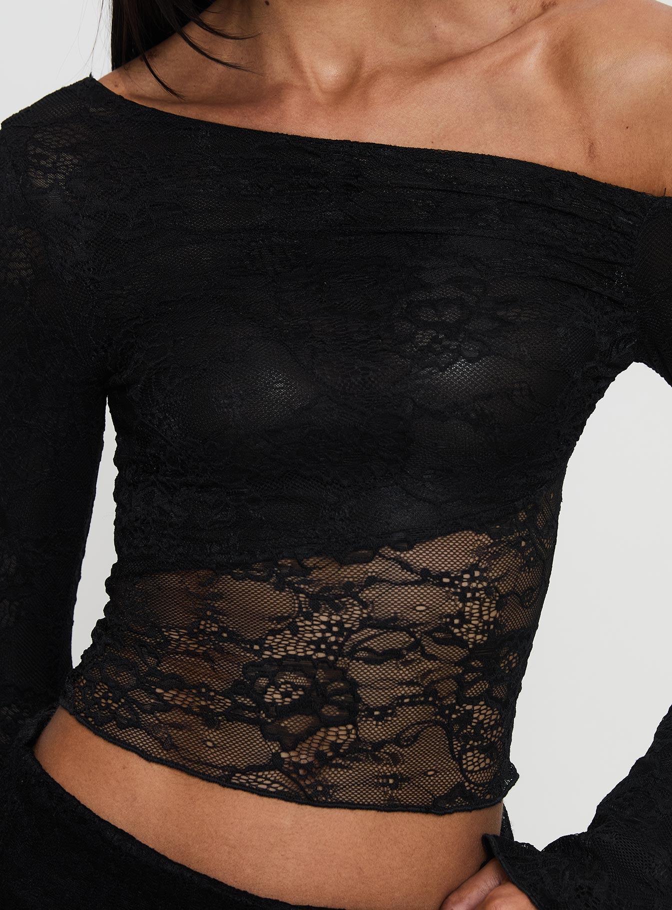 Tiberius Lace Asymmetrical Long Sleeve Top Black