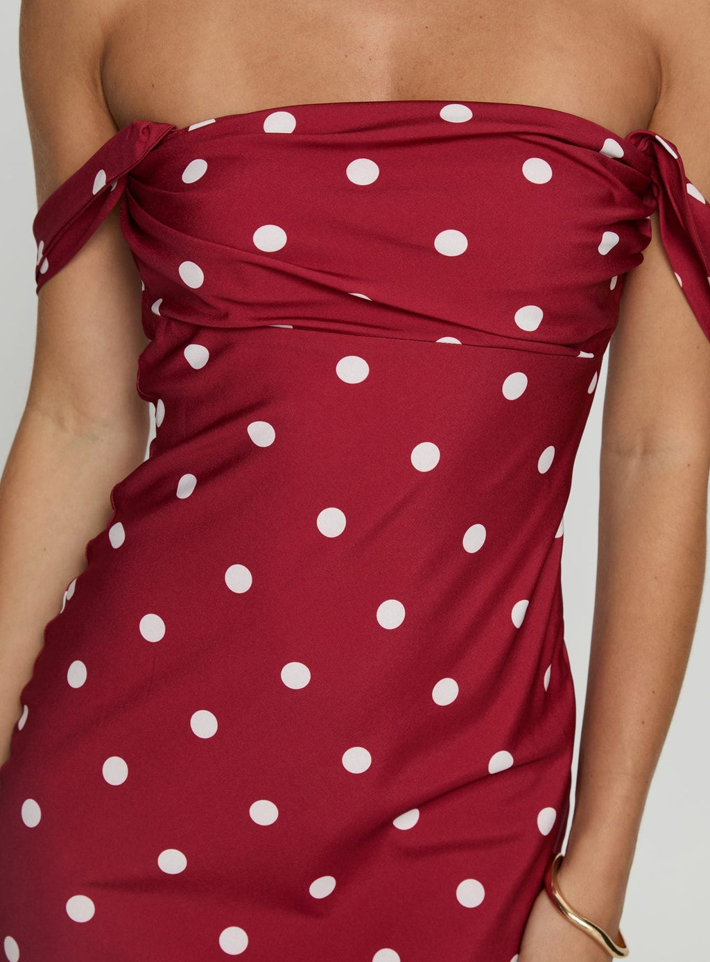 End Credits Off Shoulder Pleat Maxi Dress Red / Polka Dot