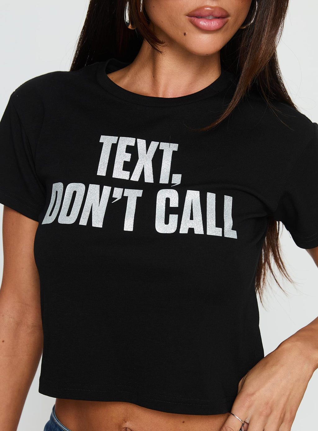 Text, Don't Call Shimmer Graphic Top Black