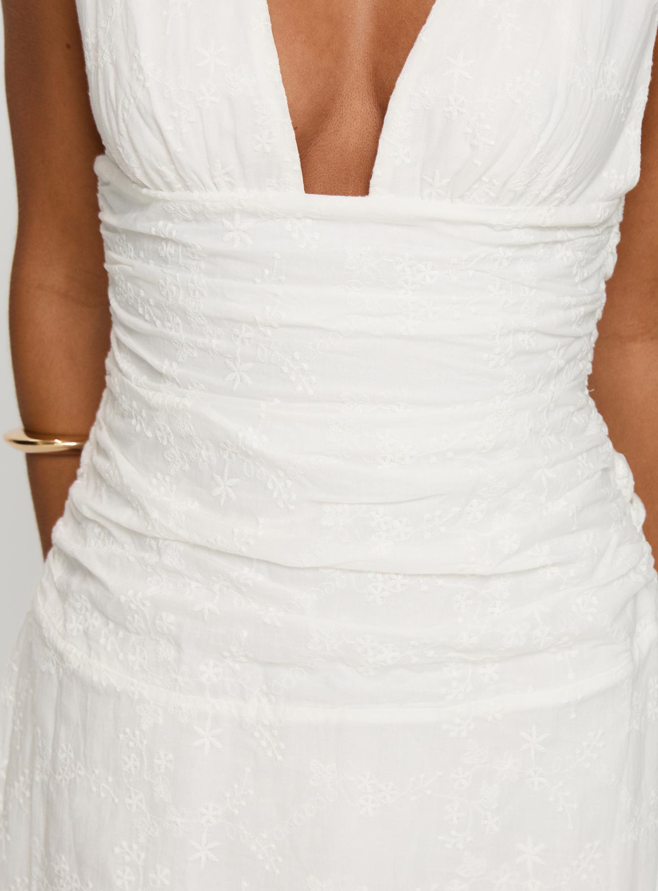 Everelle Ruched Embroidered Mini Dress White