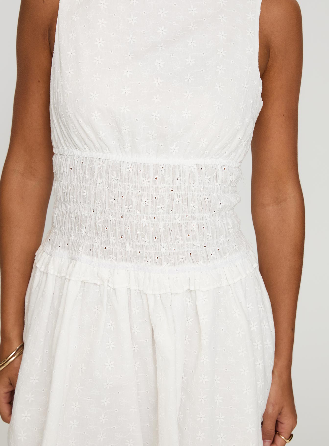 Yennifer Shirred Broiderie Mini Dress White