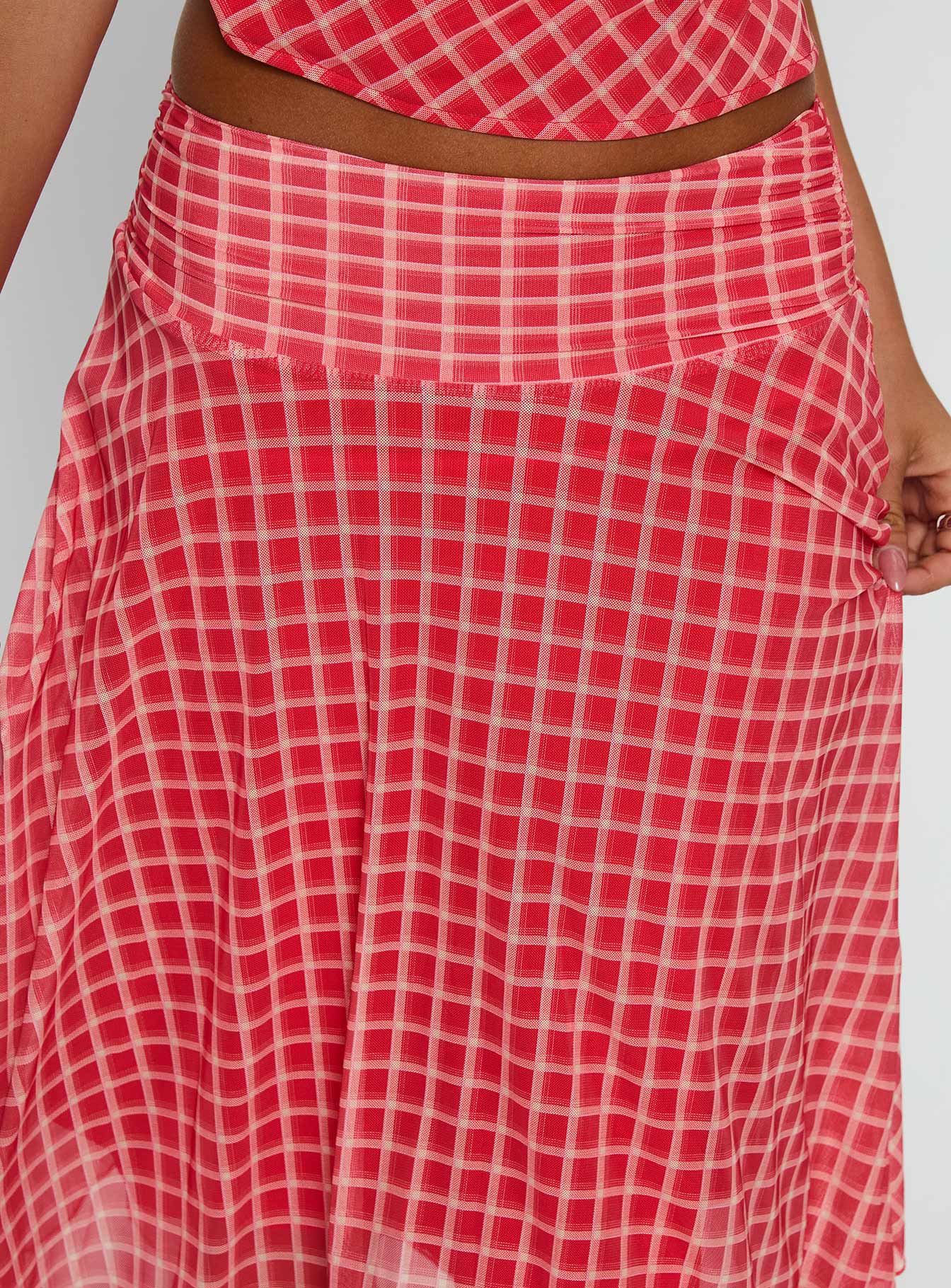 Scenic Route Asymmetrical Midi Skirt Red Check