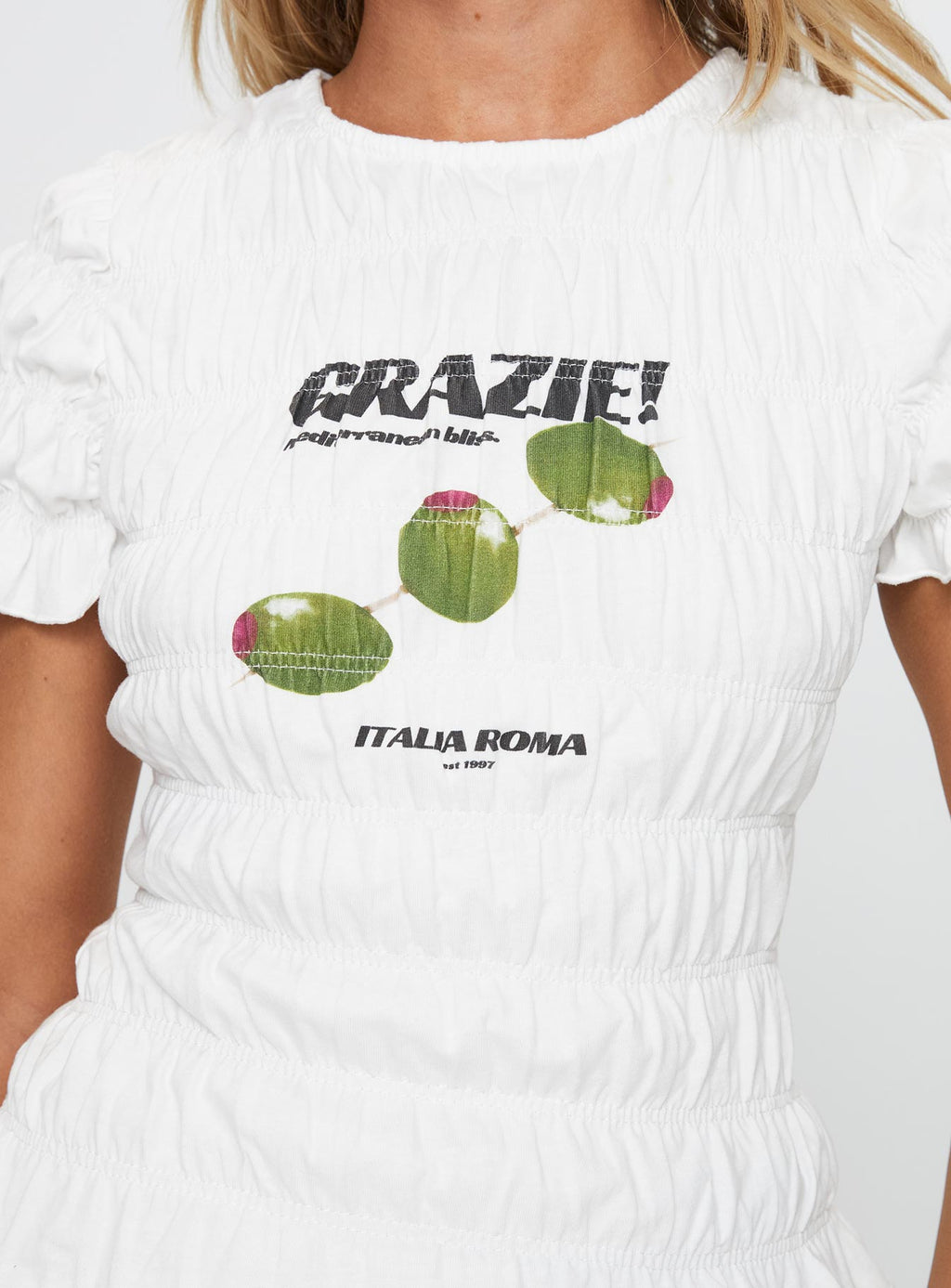 Grazie Mille Shirred Graphic Top White / Green