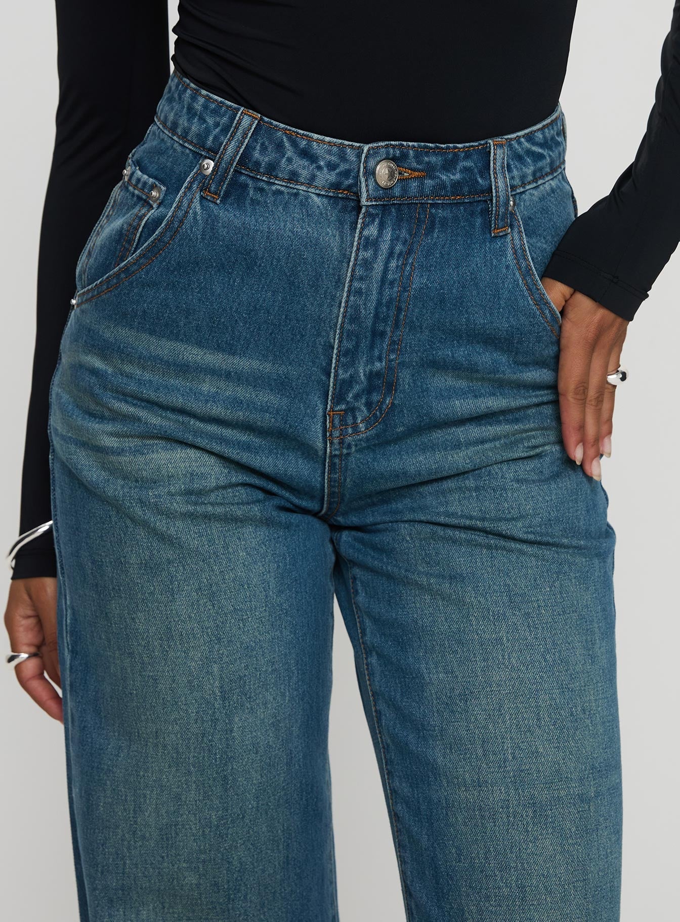 Hustler High Rise Straight Leg Denim Jean Washed Blue