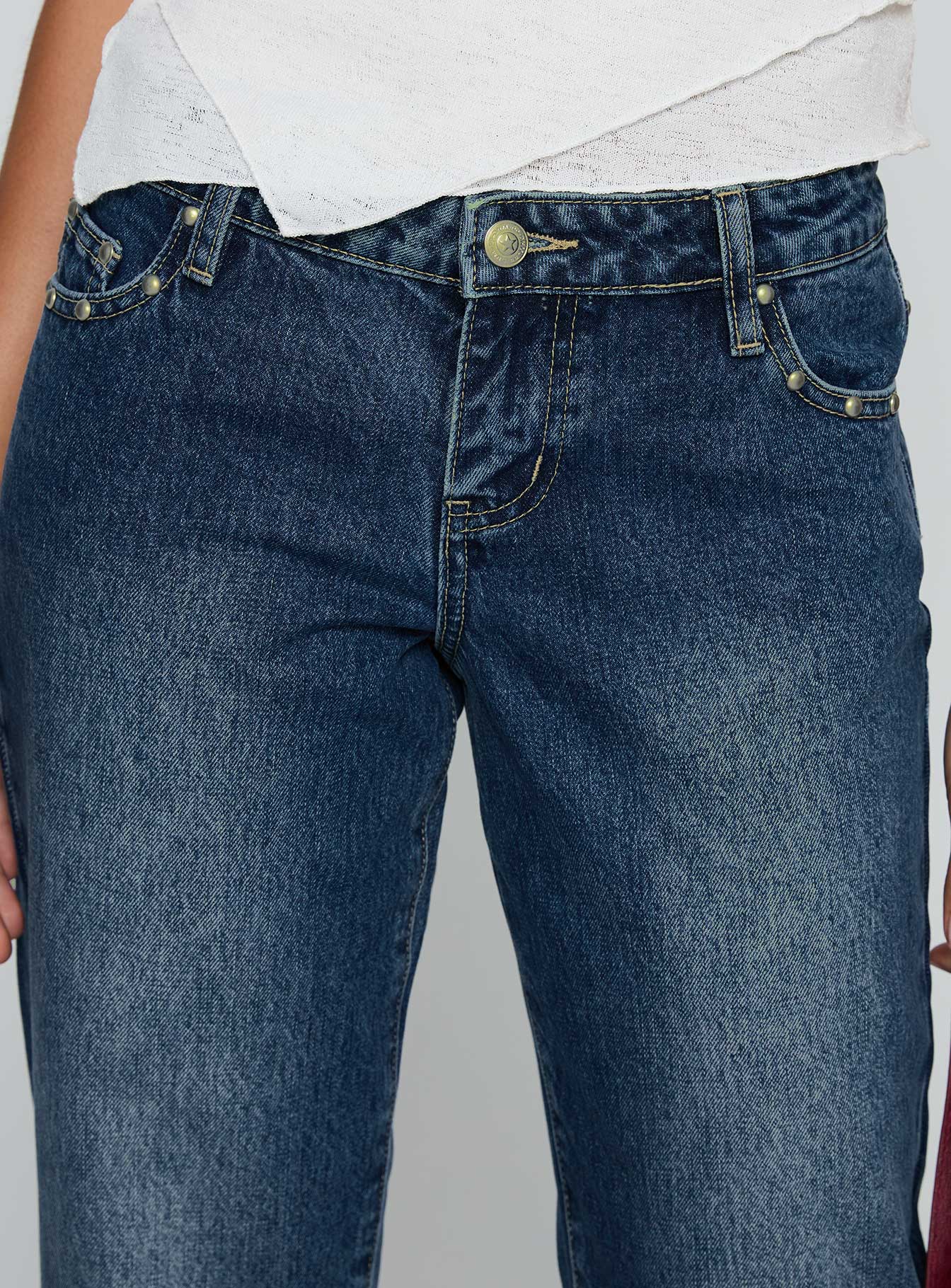 So Dazzling Studded Low Rise Straight Leg Jeans Dark Wash