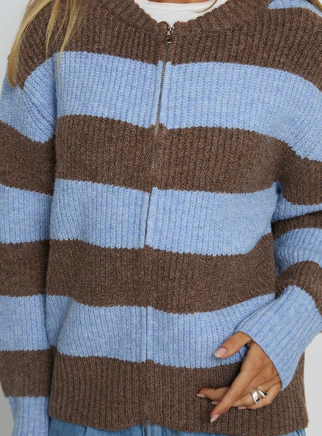 Queena Zip Through Knit Sweater Blue Stripe