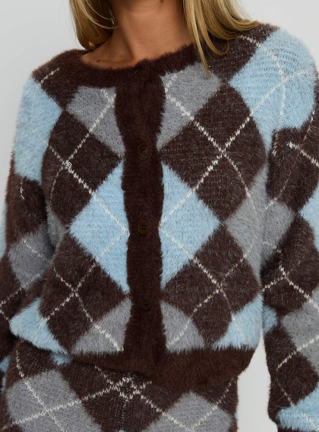 Kenlea Button Up Cardigan Blue Argyle