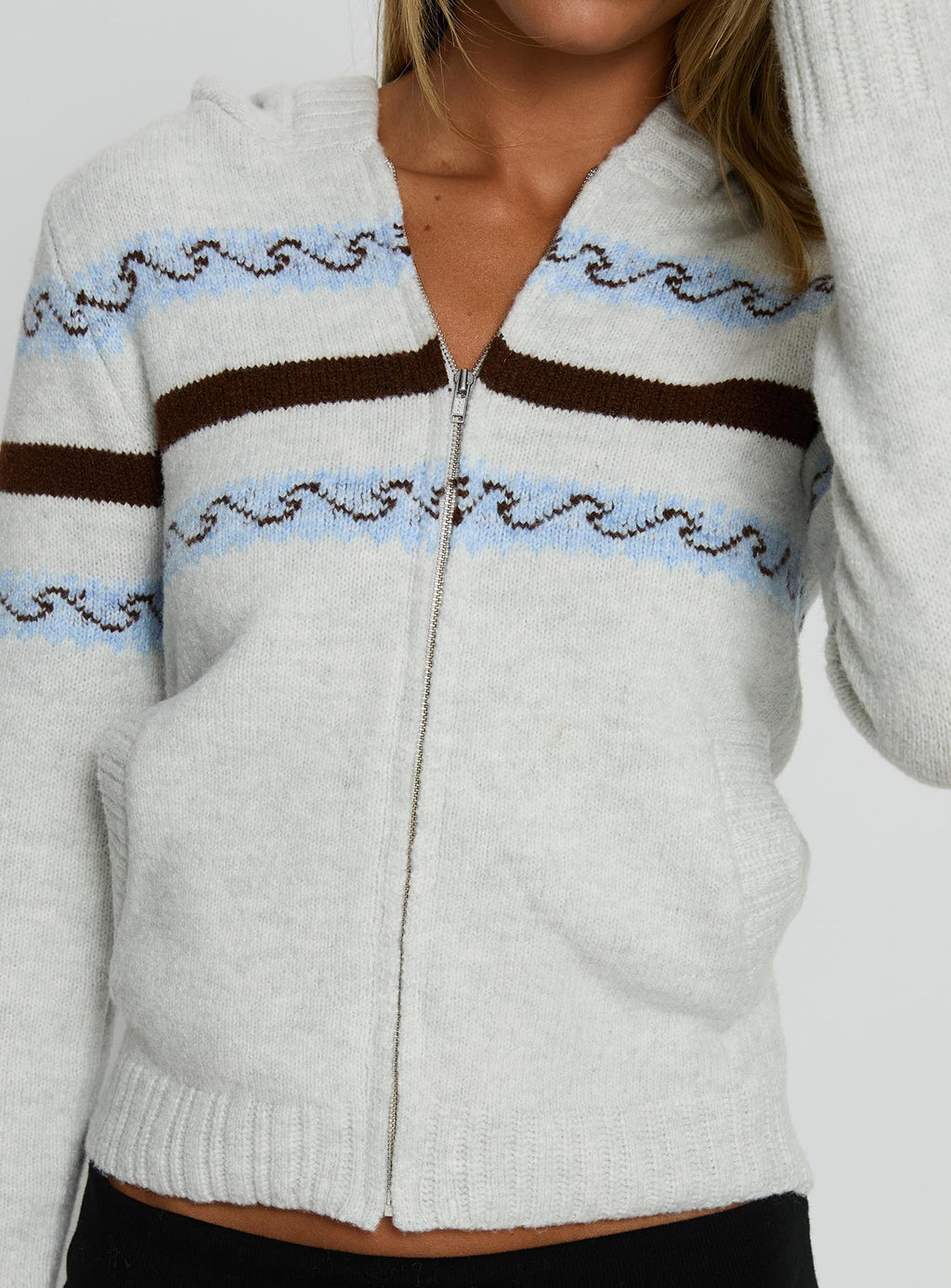 Zaylina Graphic Zip Through Knit Sweater Grey