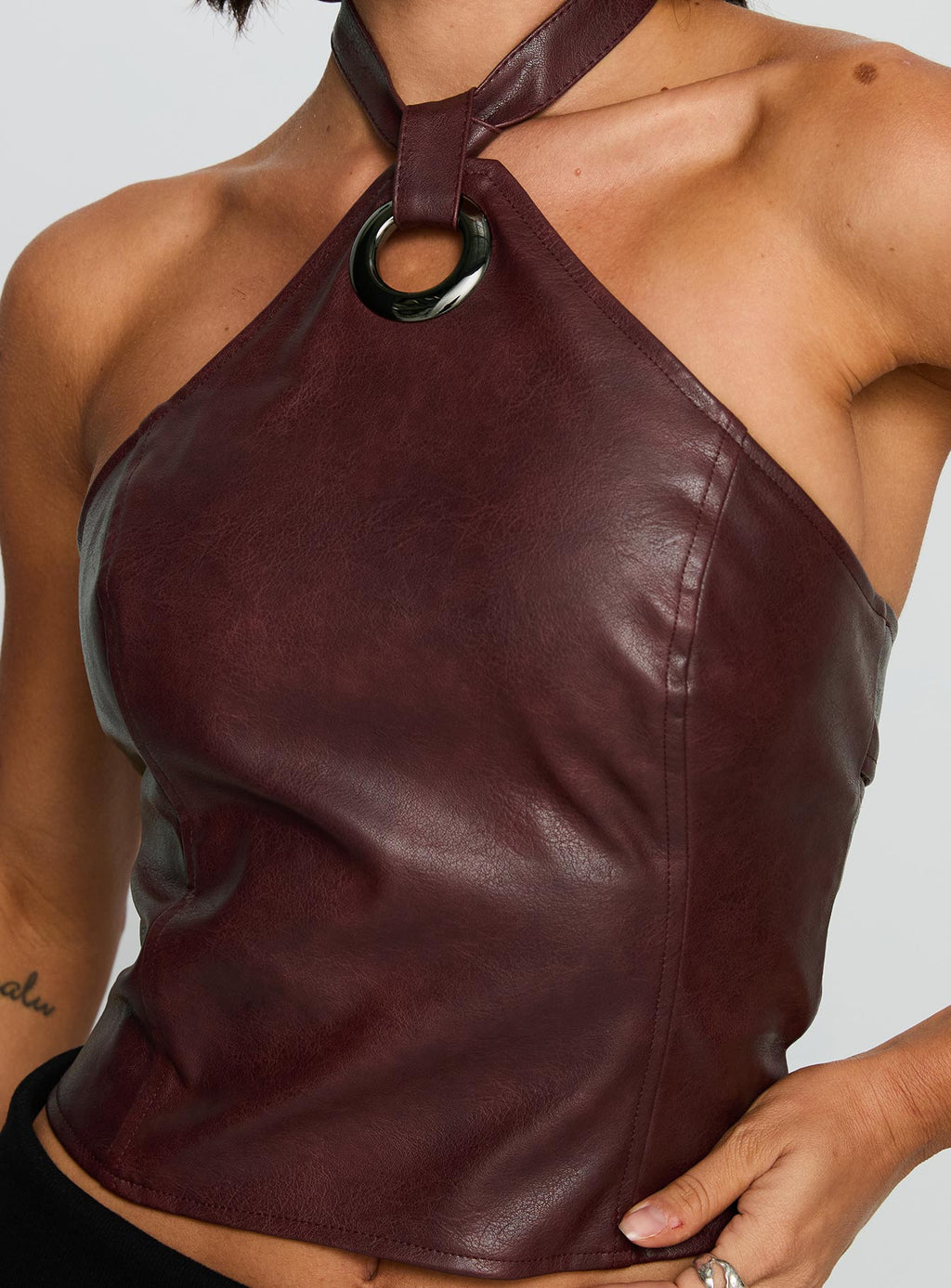 Treat You Better Ring Detail Faux Leather Top Burgundy