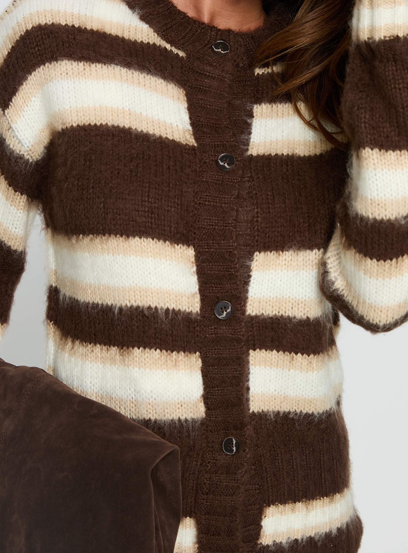 Cultivated Fluffy Knit Cardigan Brown Stripe