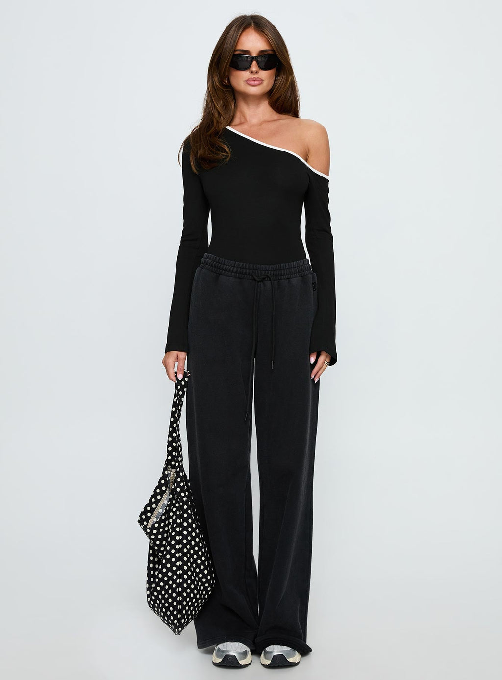 Andrielle One Shoulder Long Sleeve Bodysuit Black / White