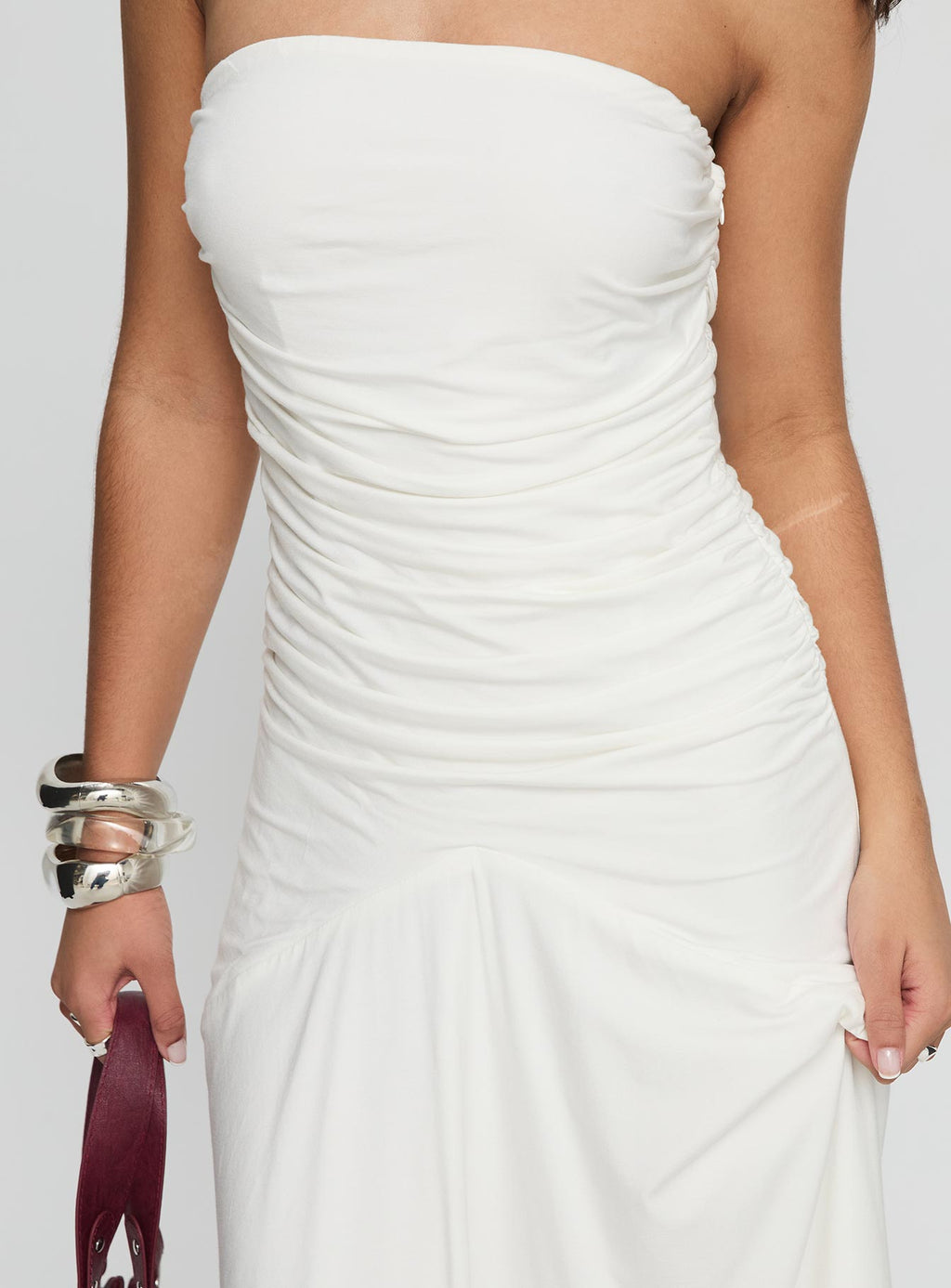 Rienna Strapless Asymmetrical Midi Dress White