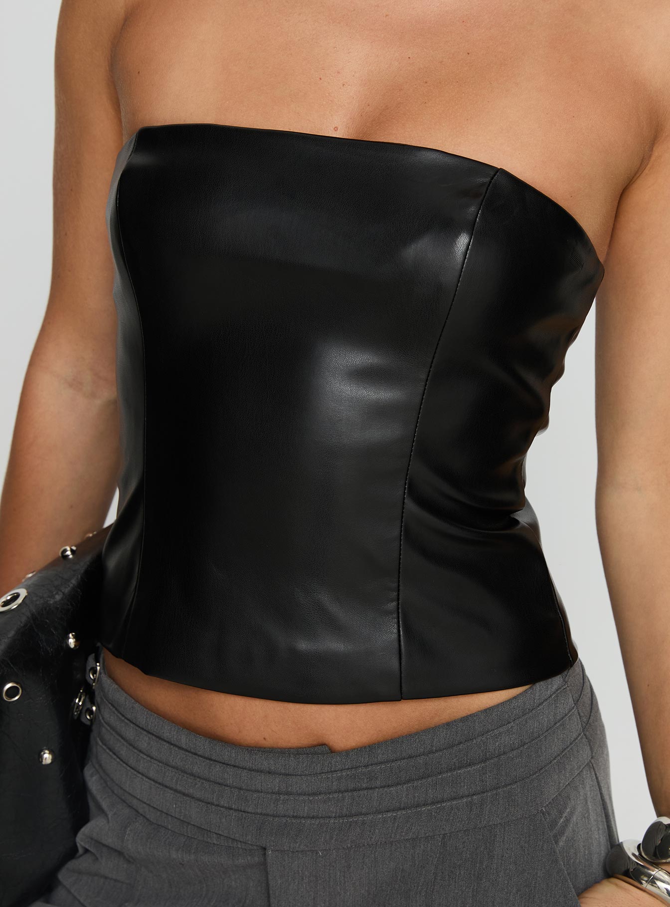 Oaklee Strapless Faux Leather Top Black