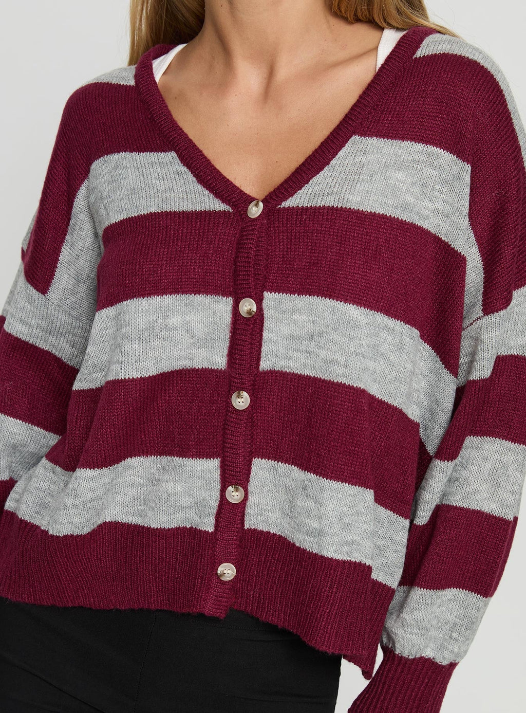 Devvon V Neck Knit Cardigan Red Stripe