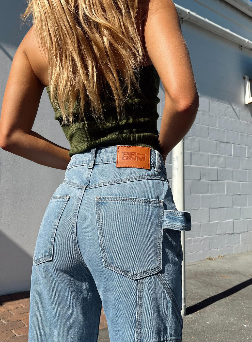 Morala Wide Leg Cargo Jeans Mid Wash Denim