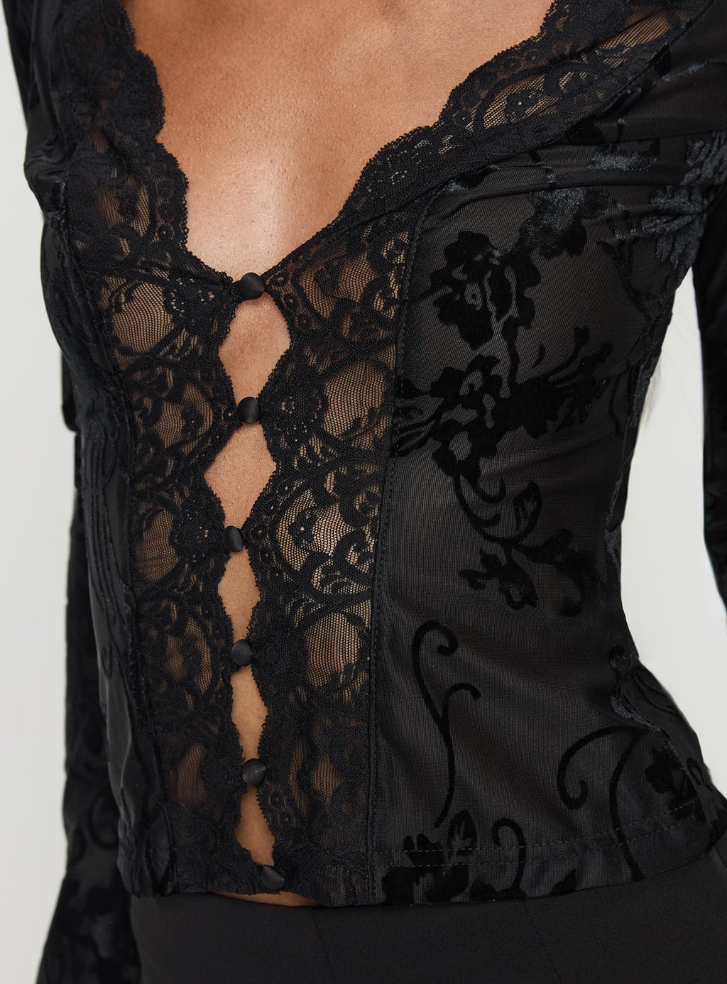 Find An Angel Long Sleeve Lace Trim Top Black