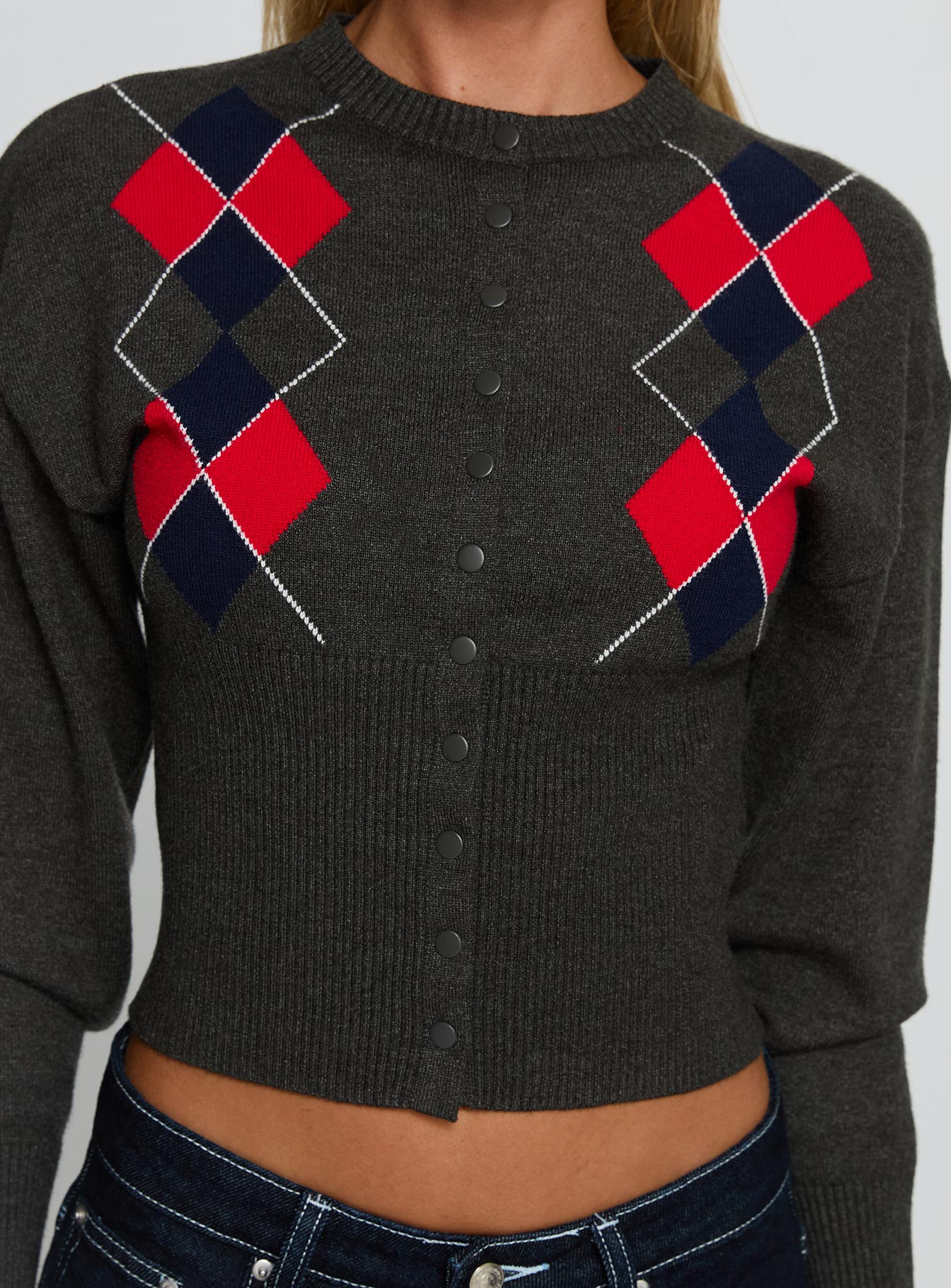 Head In The Clouds Knit Cardigan Grey Argyle