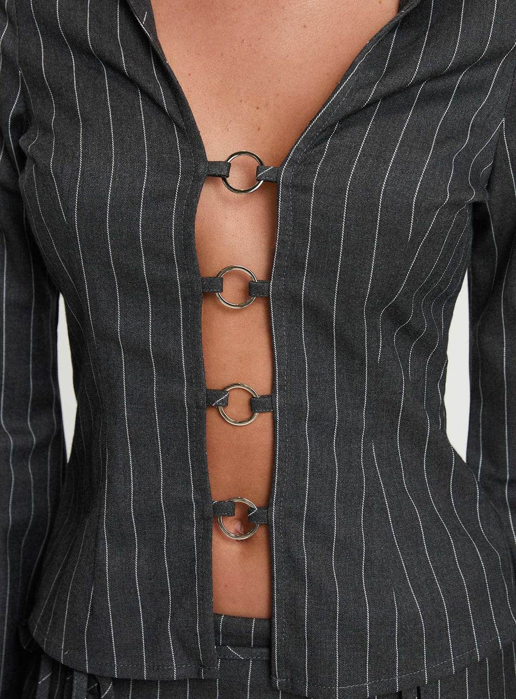 Saraya Long Sleeve Ring Top Grey Pinstripe