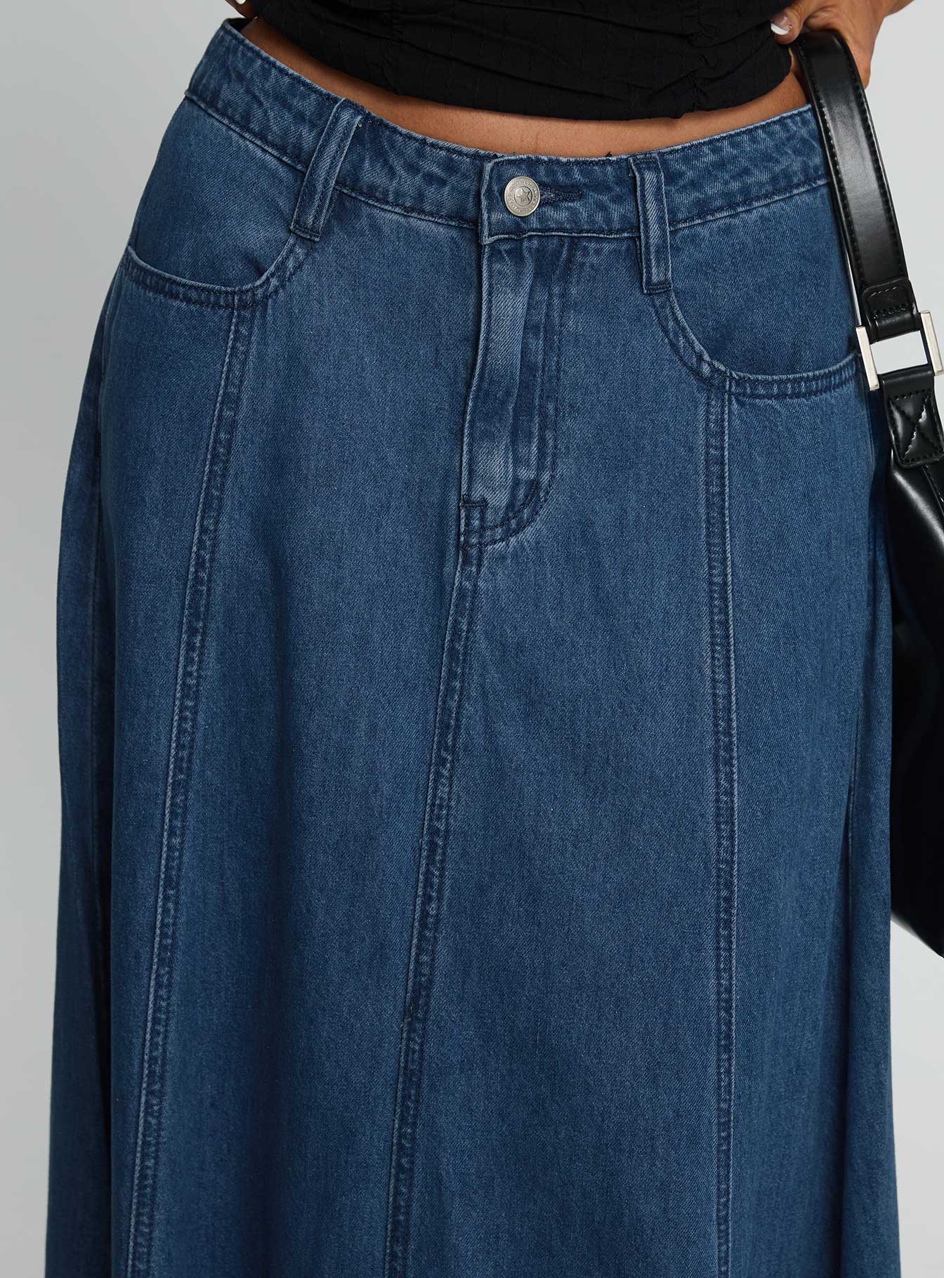 Charleigh Soft Pleat Denim Maxi Skirt Mid Blue Wash