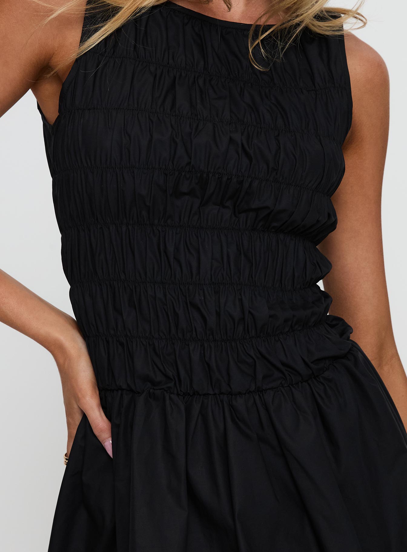 Demure Shirred Bubble Hem Mini Dress Black