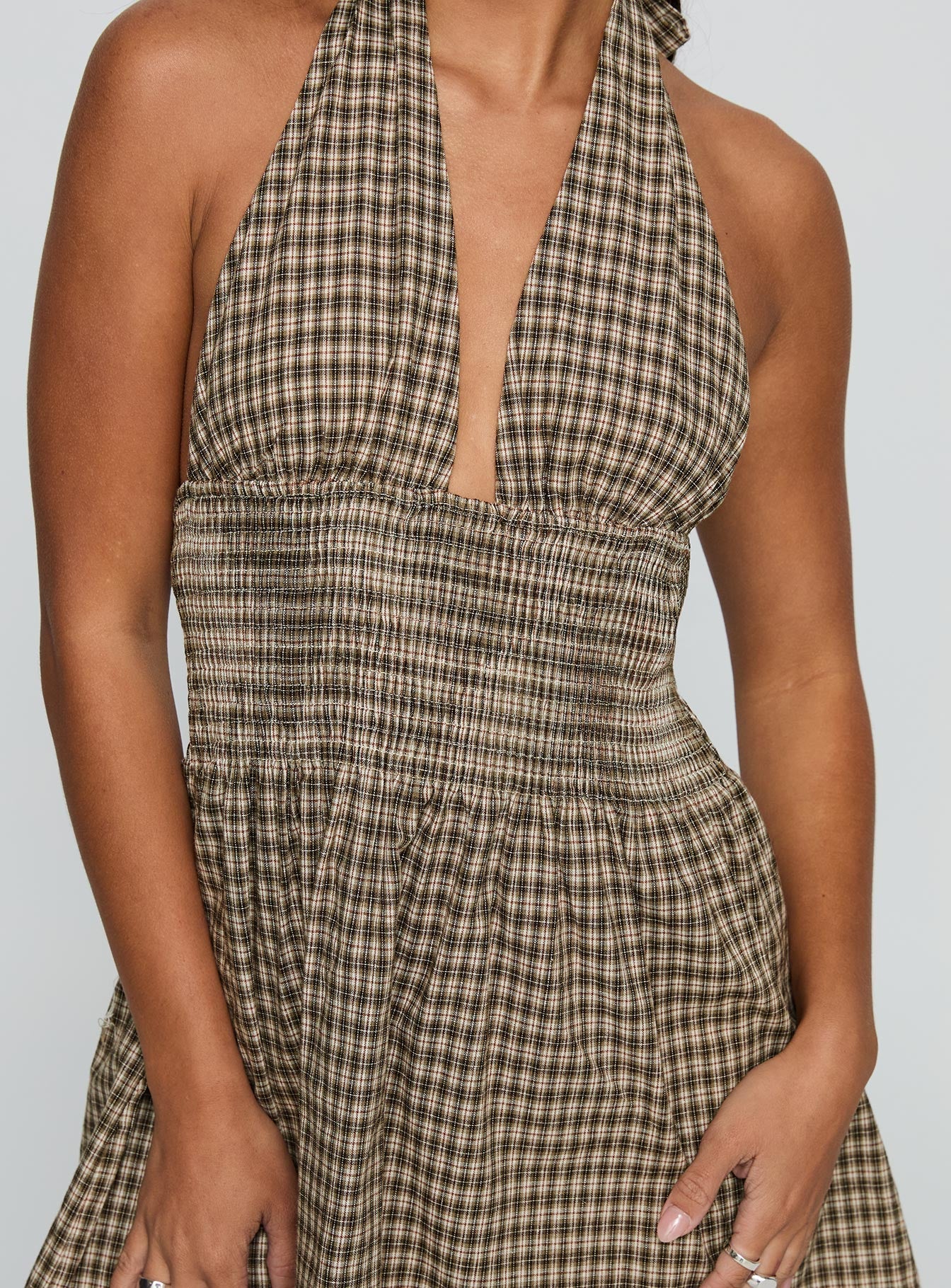 Juanette Halter Mini Dress Brown Check